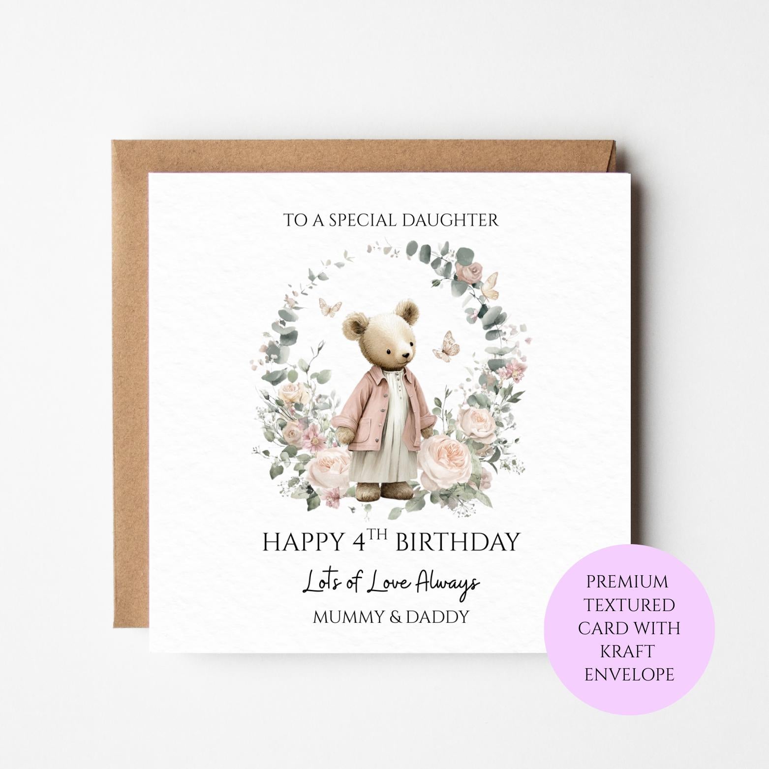 Personalised 4th Birthday Card for Daughter | Teddy Bear Floral Wreath