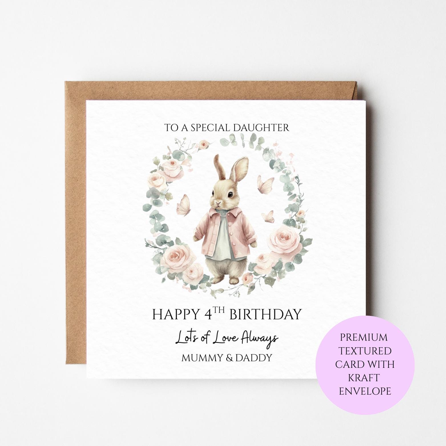 Personalised 4th Birthday Card for Daughter | Bunny Floral Wreath Card | Cute Keepsake