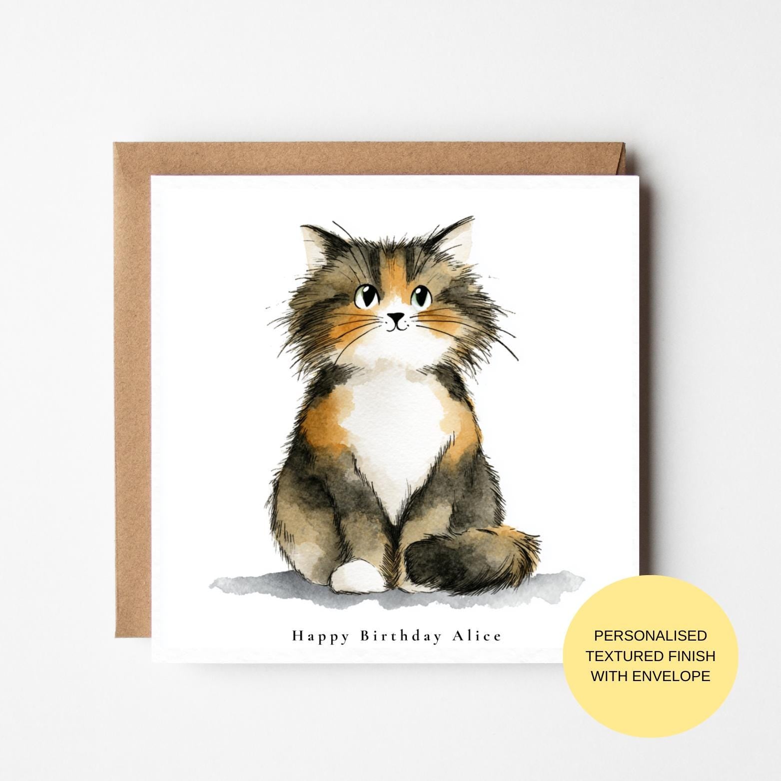 Watercolor Fluffy Cat Birthday Card