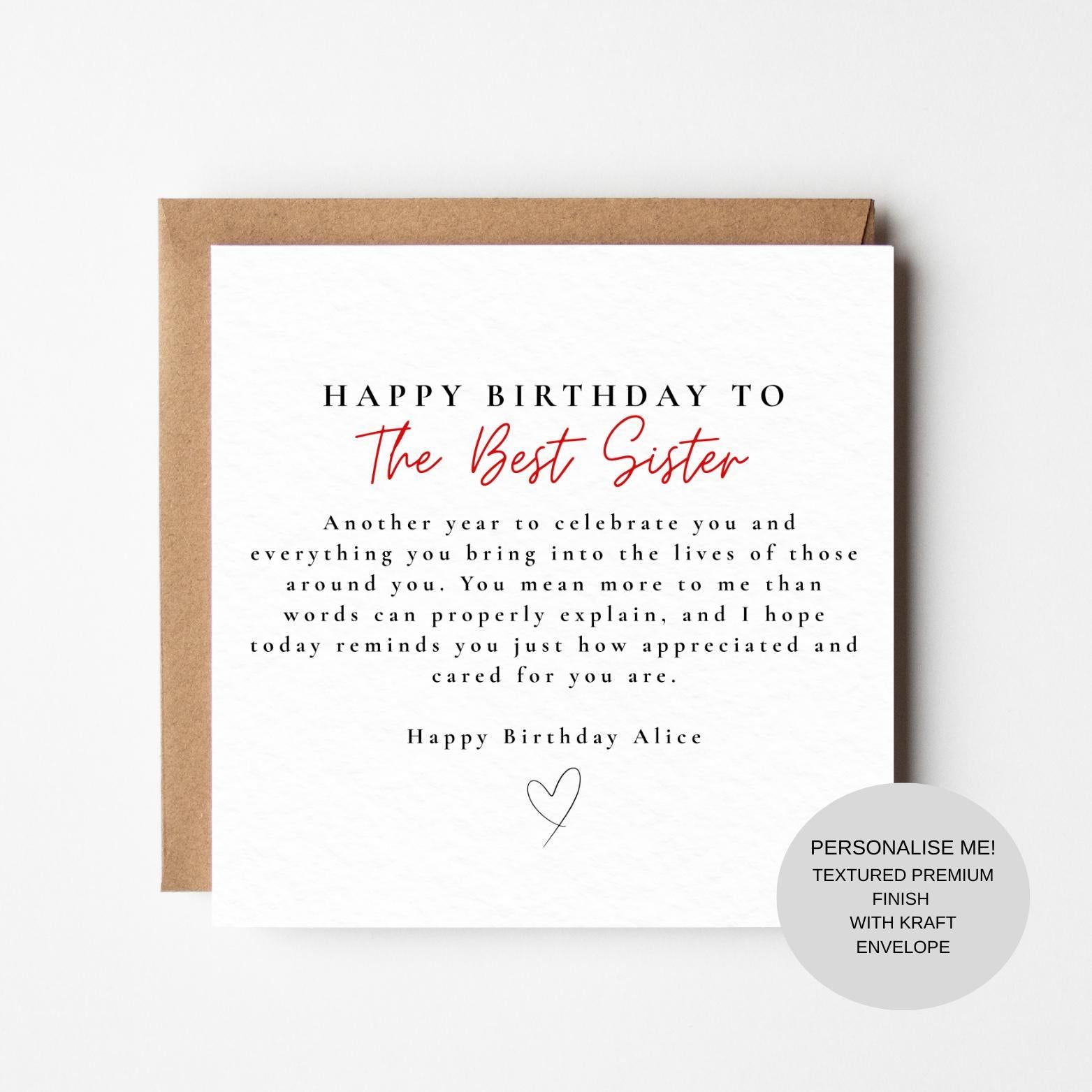 Sentimental Birthday Card for Sister | Warm Loving Words | Keepsake Gift Card