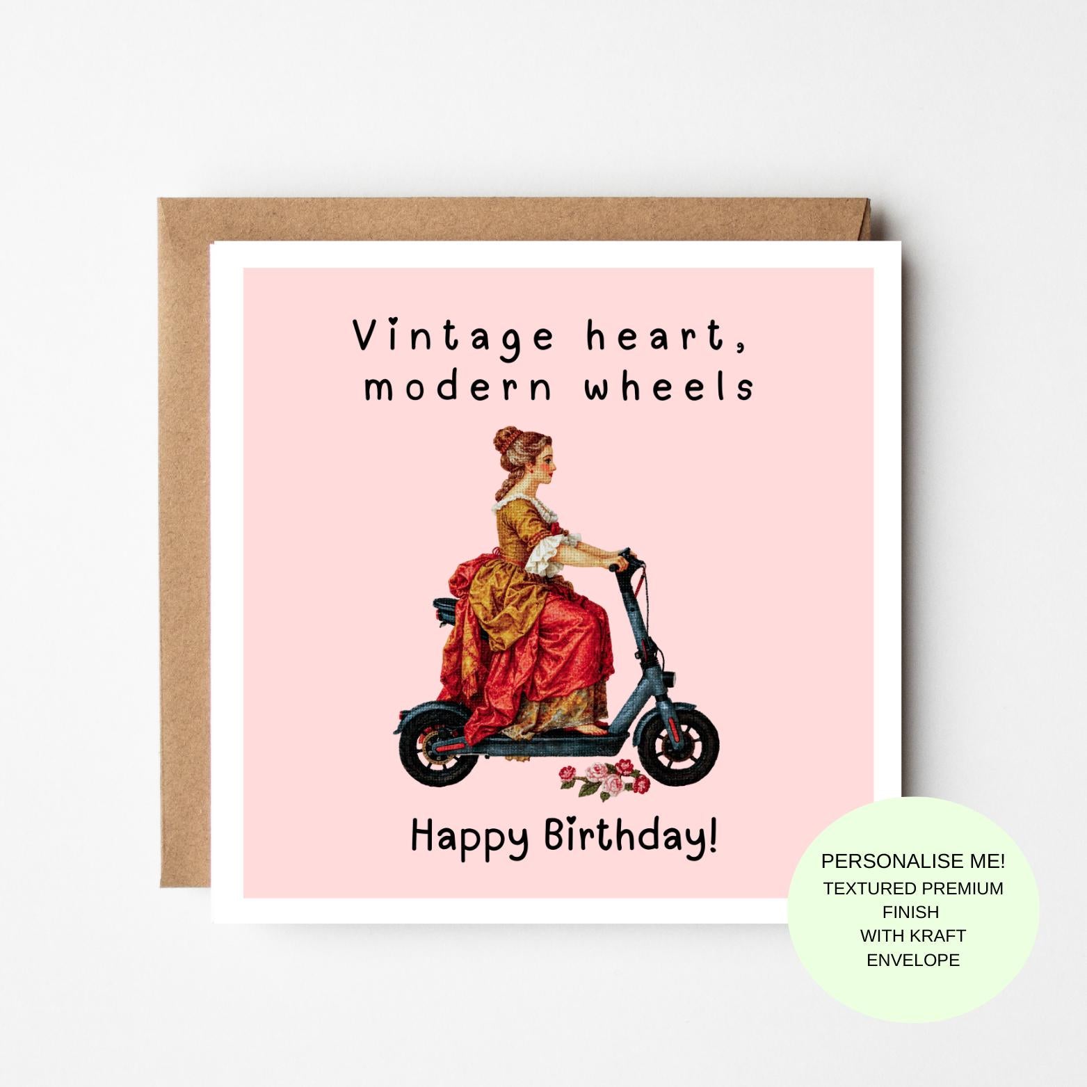 Vintage Style Birthday Card – “Vintage Heart Modern Wheels” Card