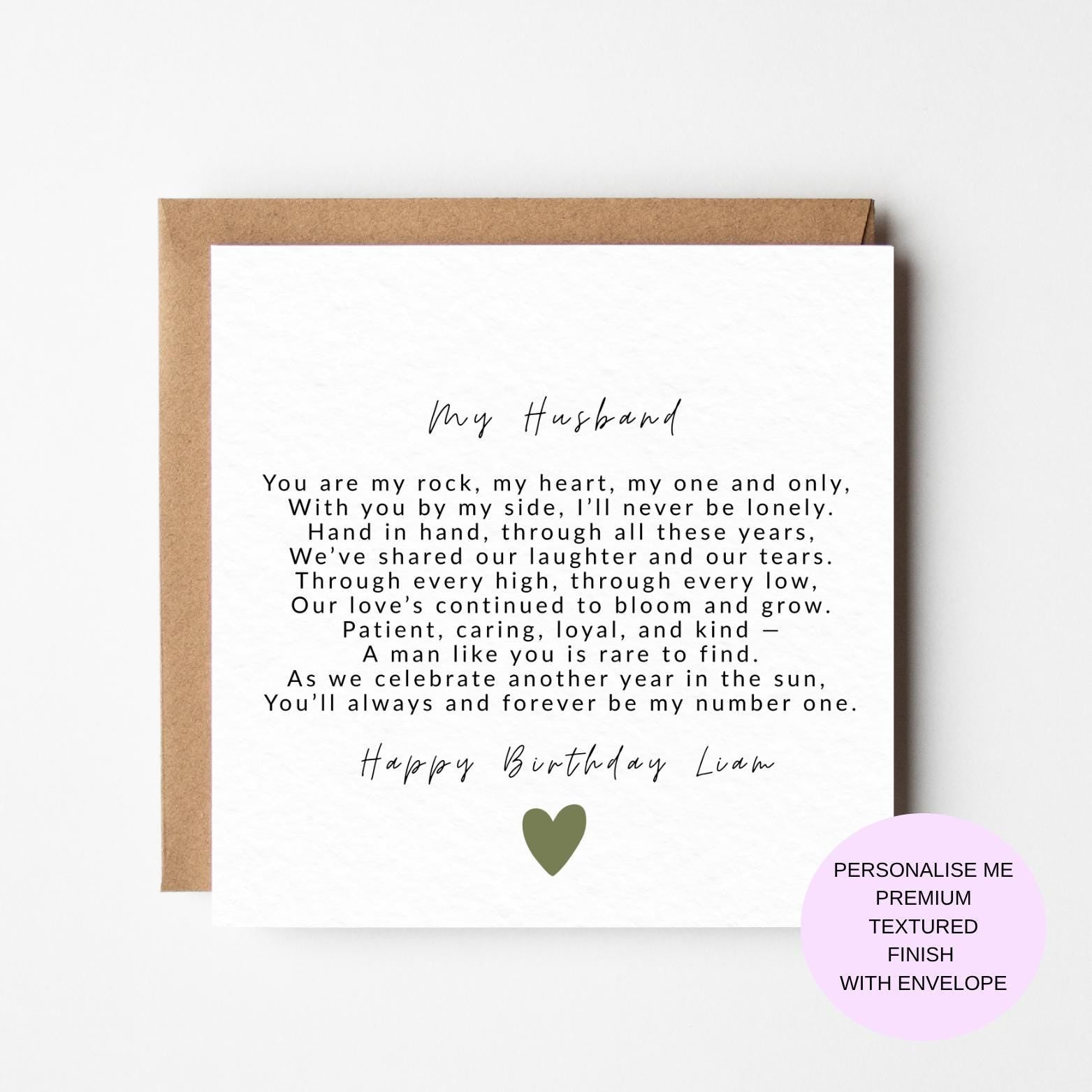 Personalized Husband Birthday Card – Romantic Poem, Green Heart