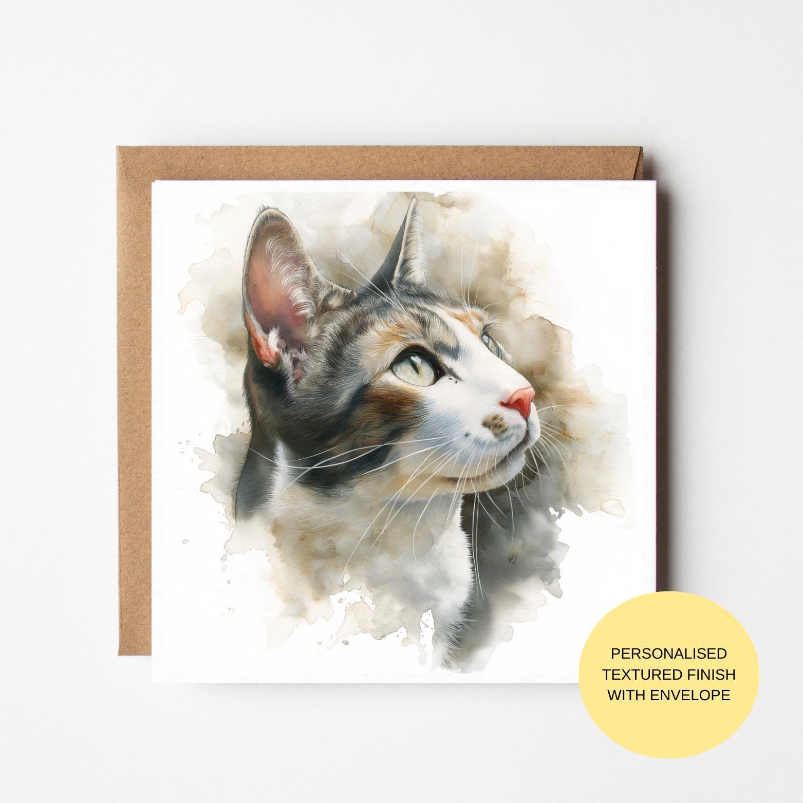 Watercolor Cat Birthday Card - Fluffy Kitten Illustration on Premium Paper