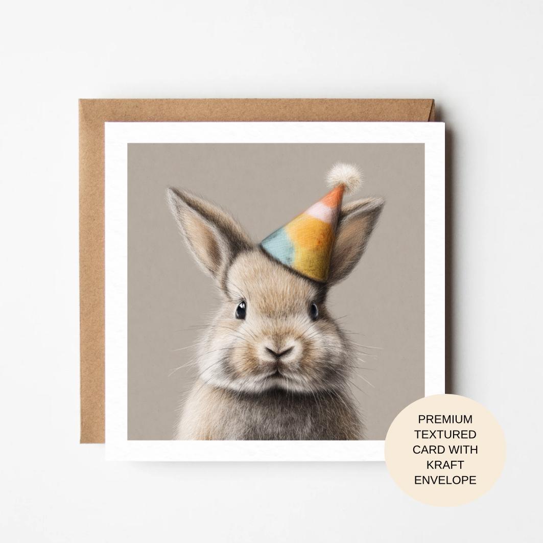Playful Bunny Birthday Card with Party Hat | Premium Blank Animal Birthday Card for Her Mum Sister Friend
