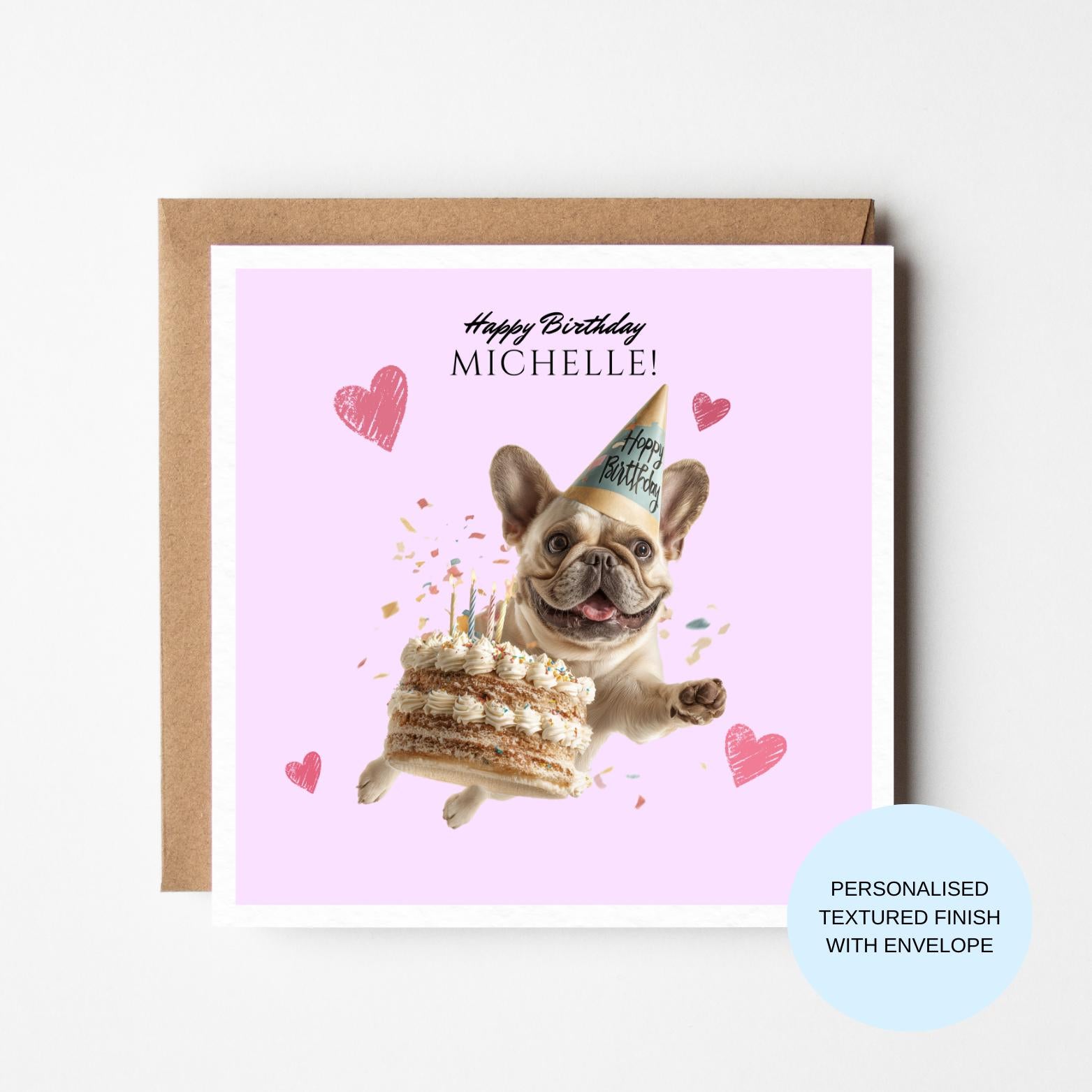 Personalised French Bulldog Birthday Card | Frenchie With Cake & Party Hat | Happy Birthday Custom Name | Pink Hearts