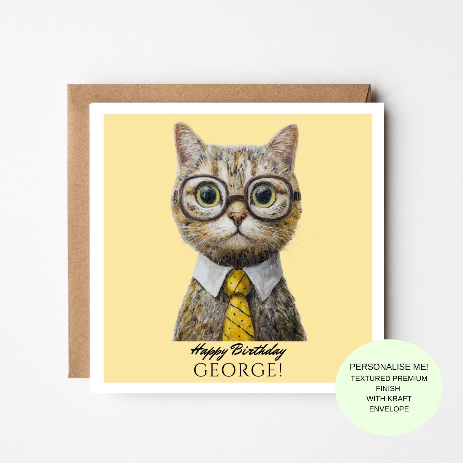 Personalised Cat Birthday Card – Funny Cat Illustration – Premium Textured Card with Kraft Envelope