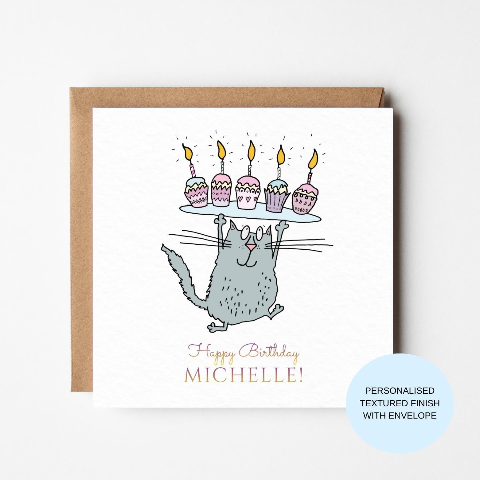 Personalised Cat Birthday Card | Cat With Cupcakes & Candles | Happy Birthday Custom Name Card