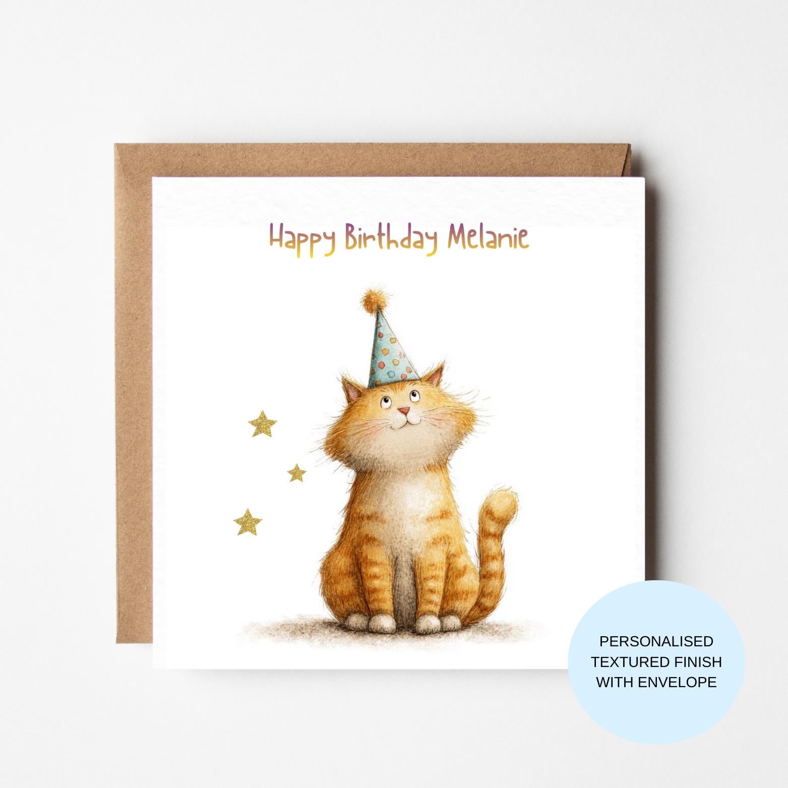 Personalised Cat Birthday Card | Ginger Kitten Party Hat & Stars | Birthday Card for Her