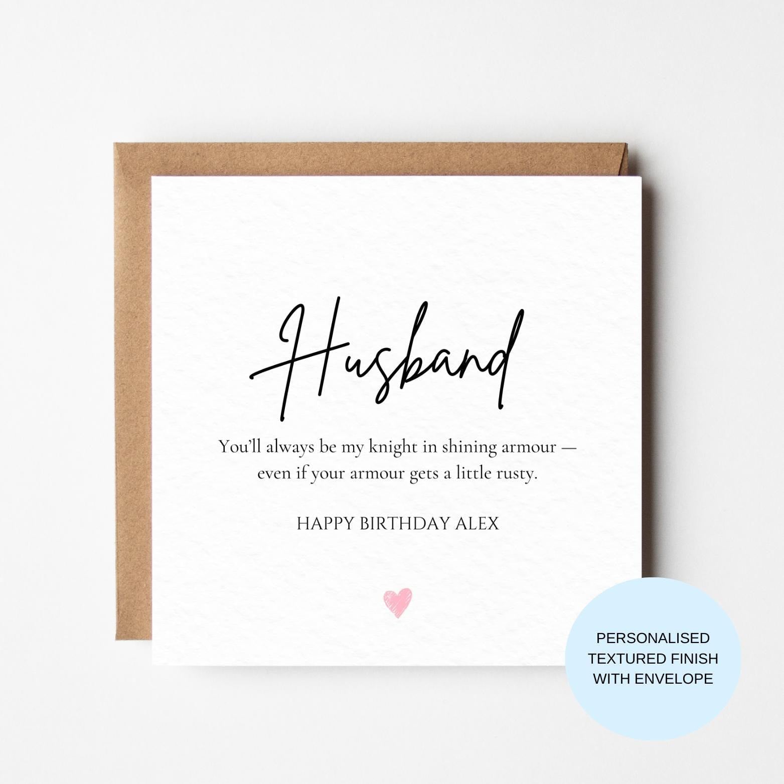 Personalised Husband Birthday Card | Knight In Shining Armour | Funny Romantic Minimal Card | Custom Name