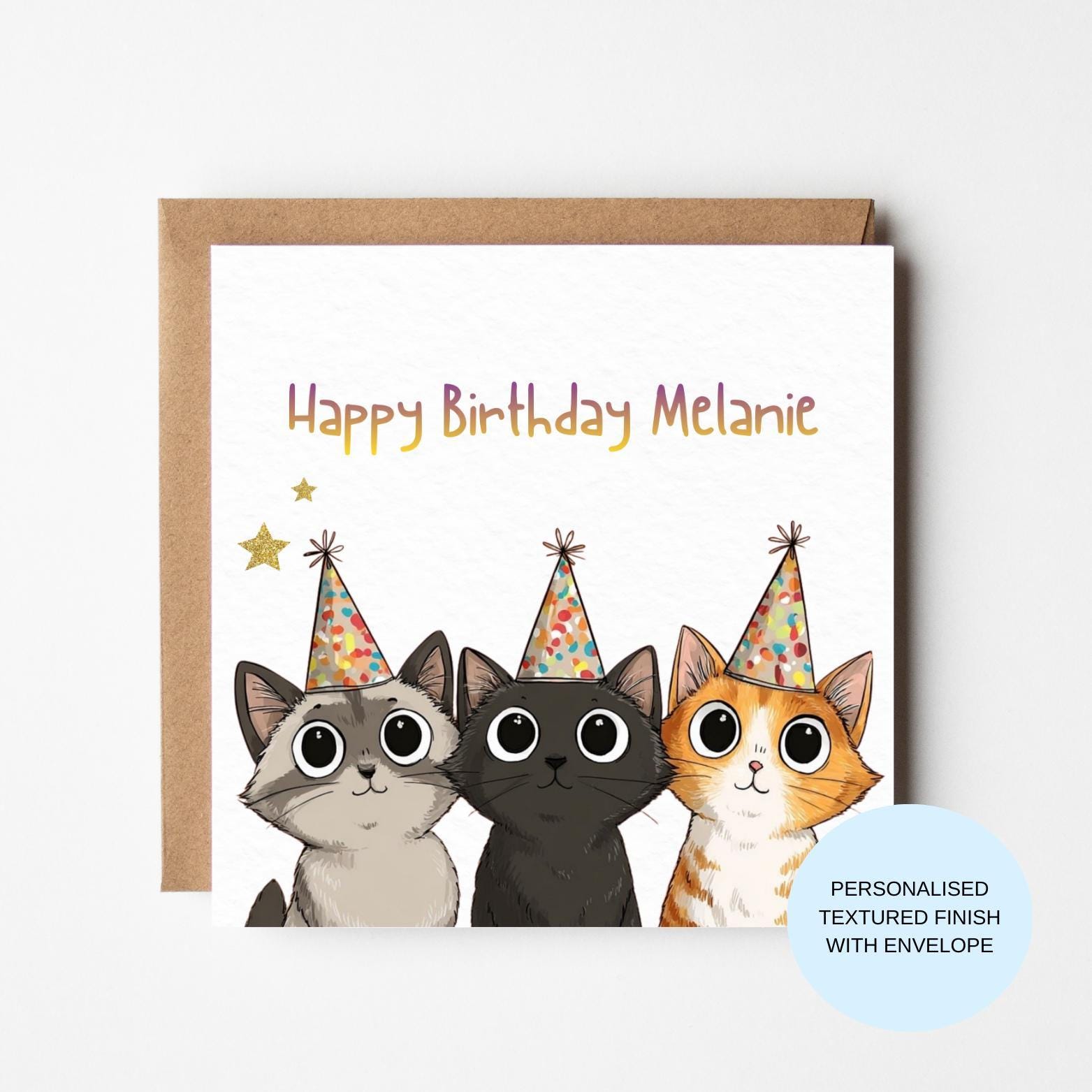 Personalised Cat Birthday Card | Cat Faces in Party Hats | Fun Birthday Card for Her