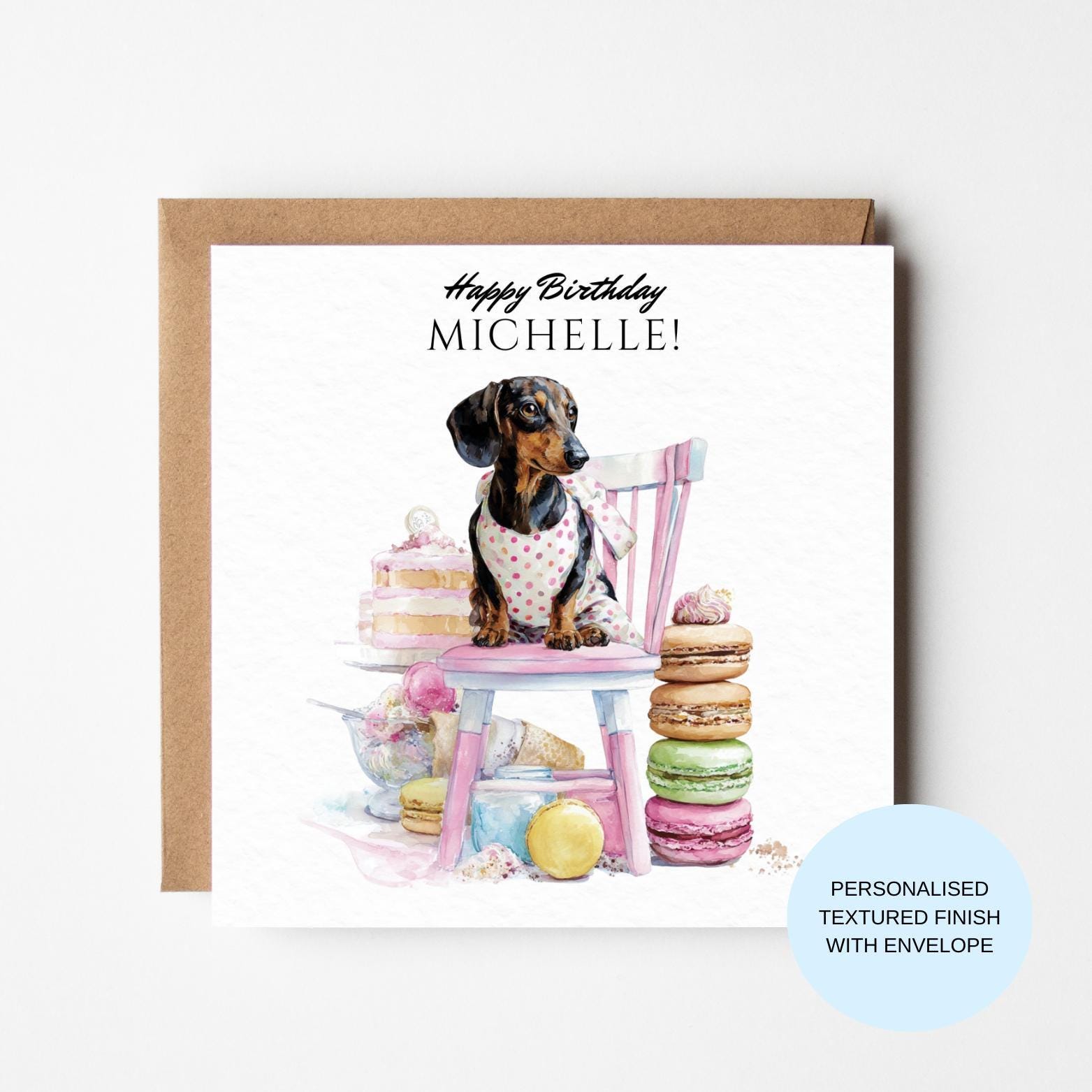 Personalised Dachshund Birthday Card | Sausage Dog With Cakes & Macarons | Happy Birthday Custom Name Card