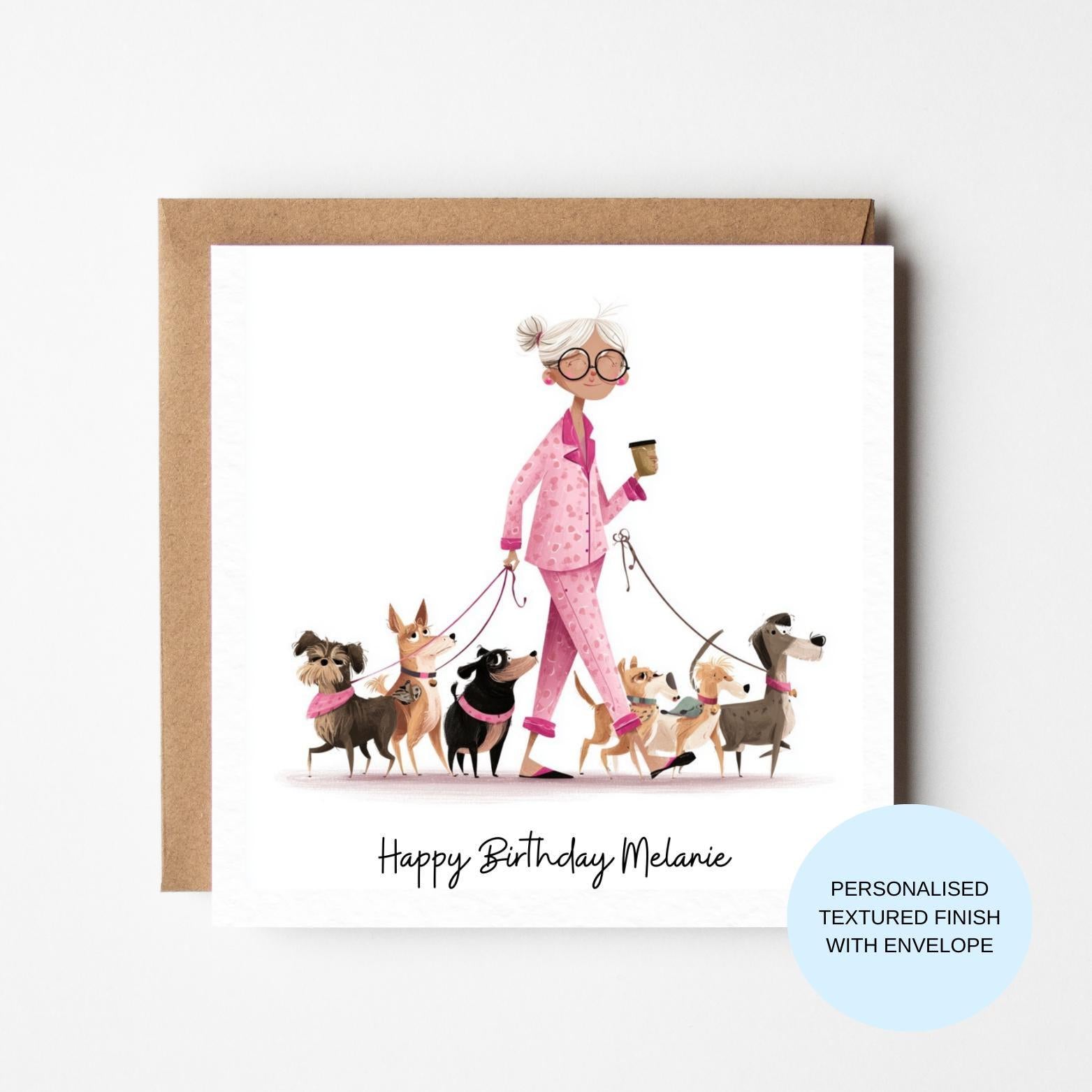 Personalised Birthday Card for Her | Stylish Lady Walking Dogs | Cute Illustrated Birthday Card