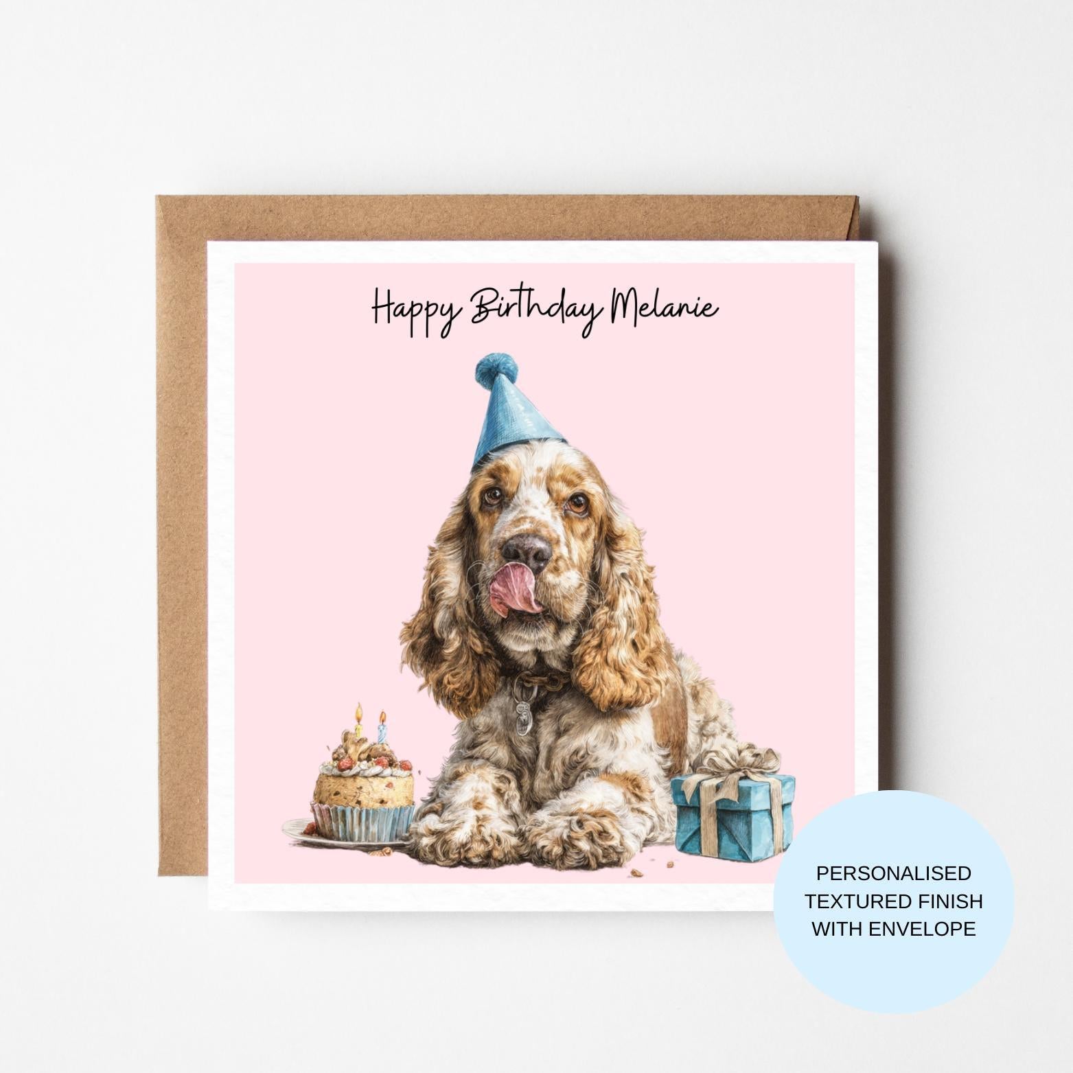 Personalised Dog Birthday Card | Spaniel in Party Hat with Presents | Birthday Card for Her