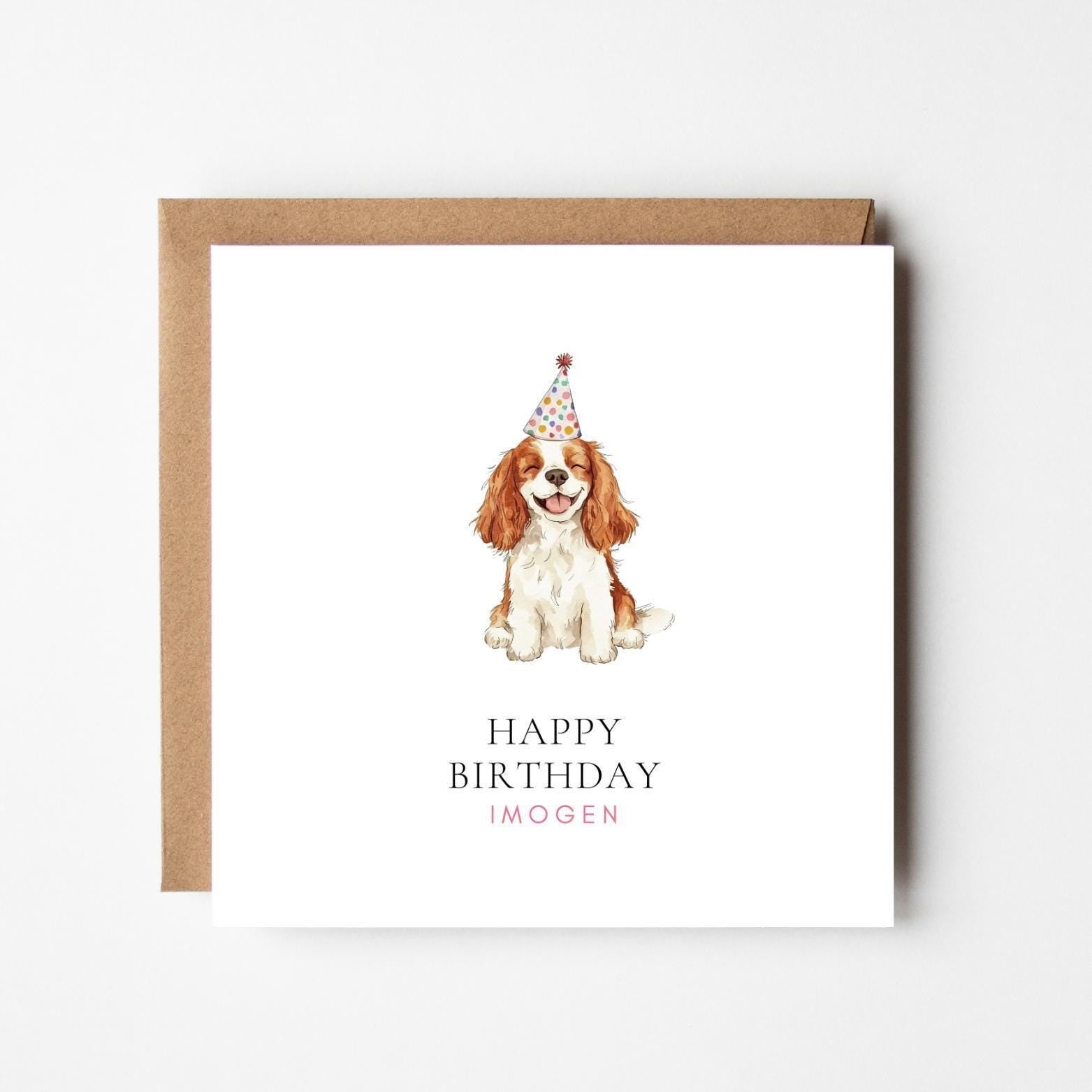 Personalised Cavalier King Charles Spaniel Birthday Card: Party Hat Dog