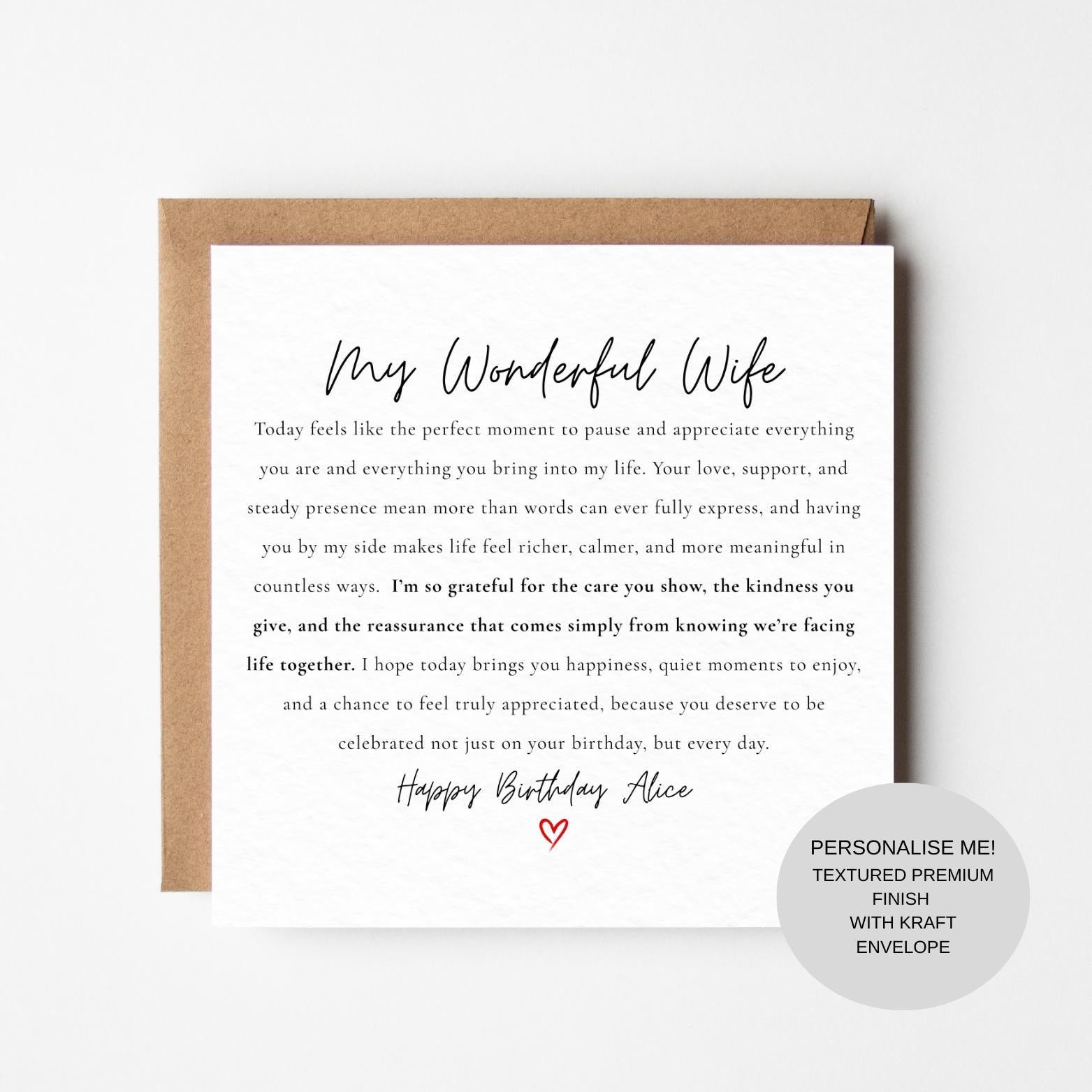 Elegant Birthday Card for Wife | Heartfelt Love Message | Keepsake for Her