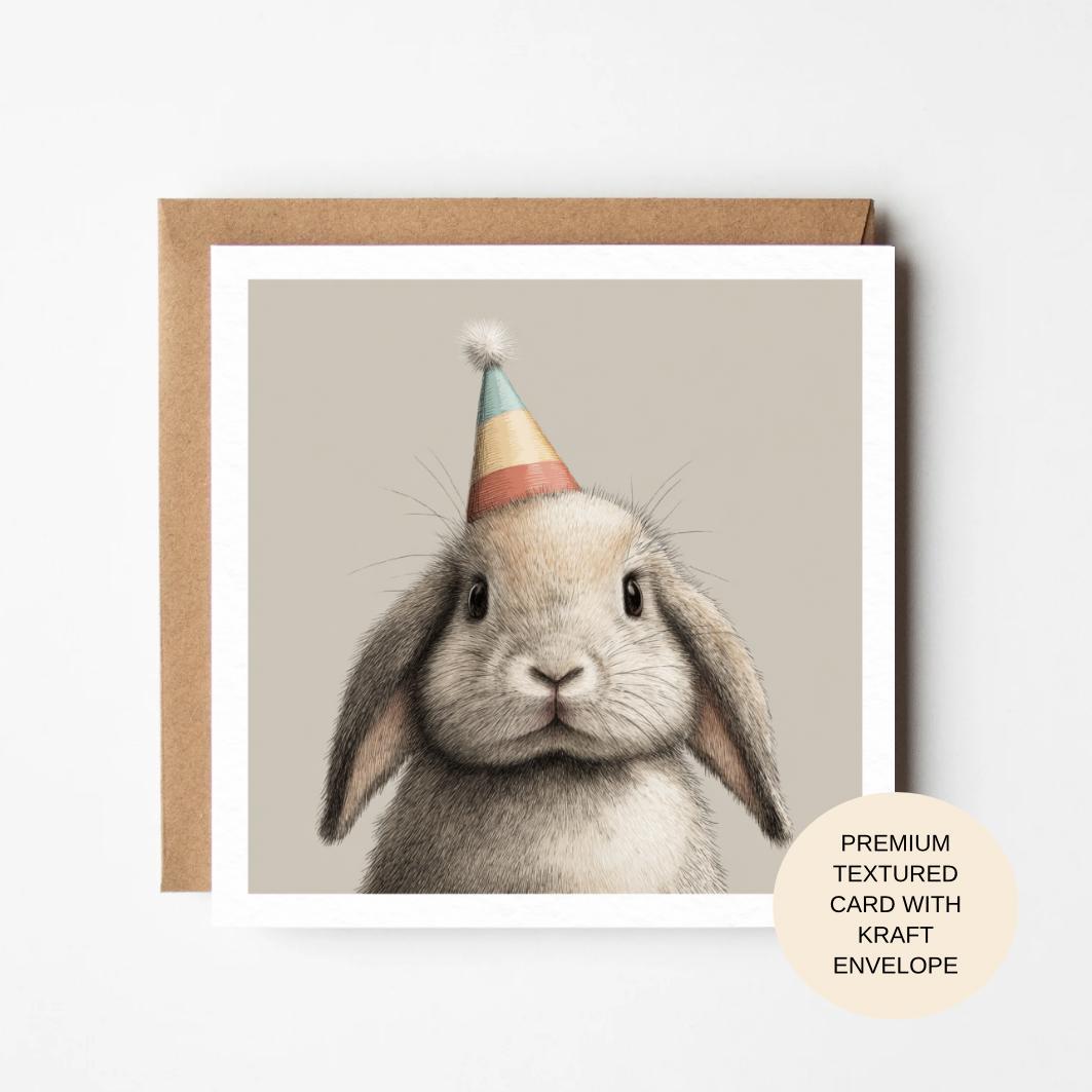 Lop Bunny Birthday Card with Party Hat | Premium Blank Animal Birthday Card for Her Mum Sister Friend