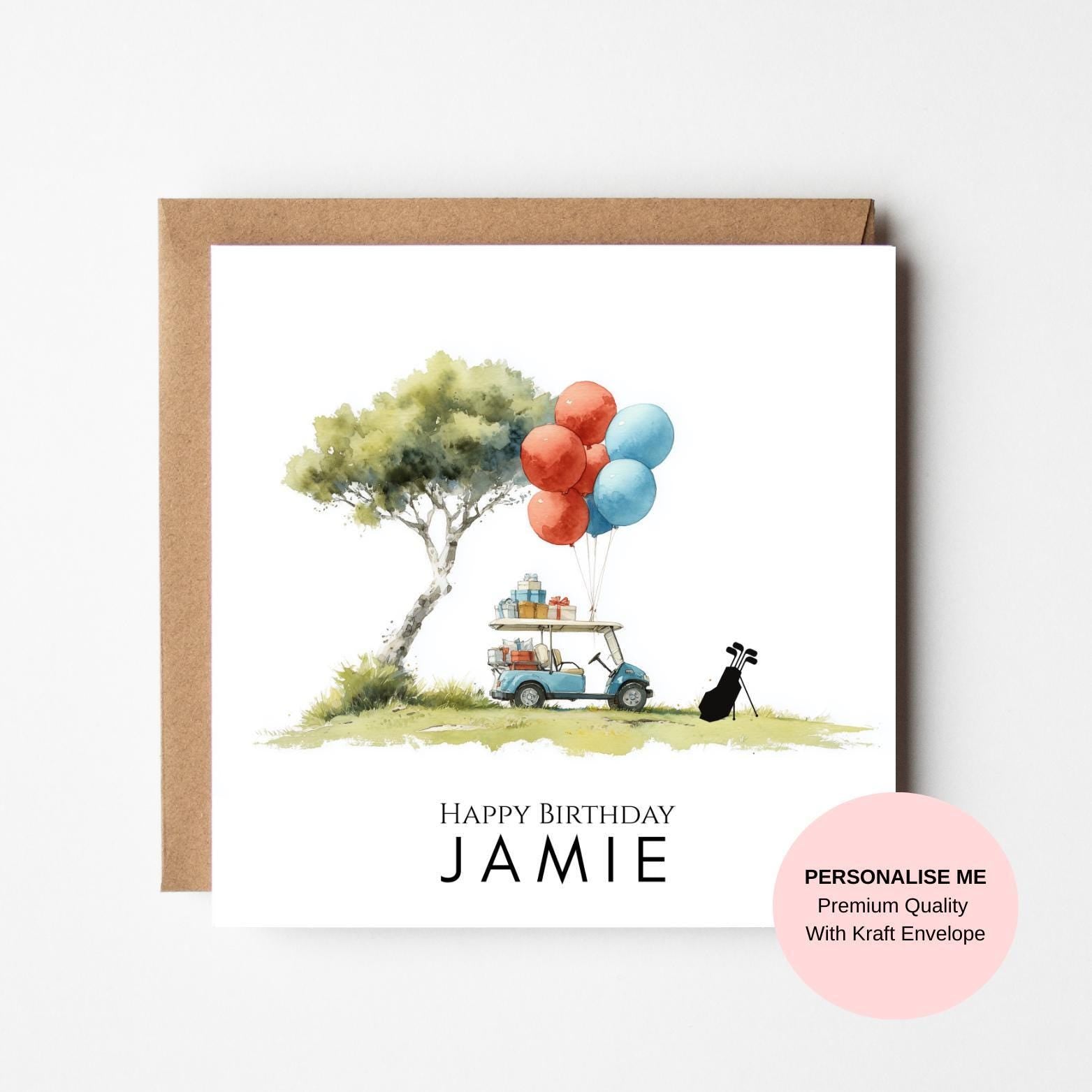 Funny Birthday Card for Him – Golf Buggy with Balloons