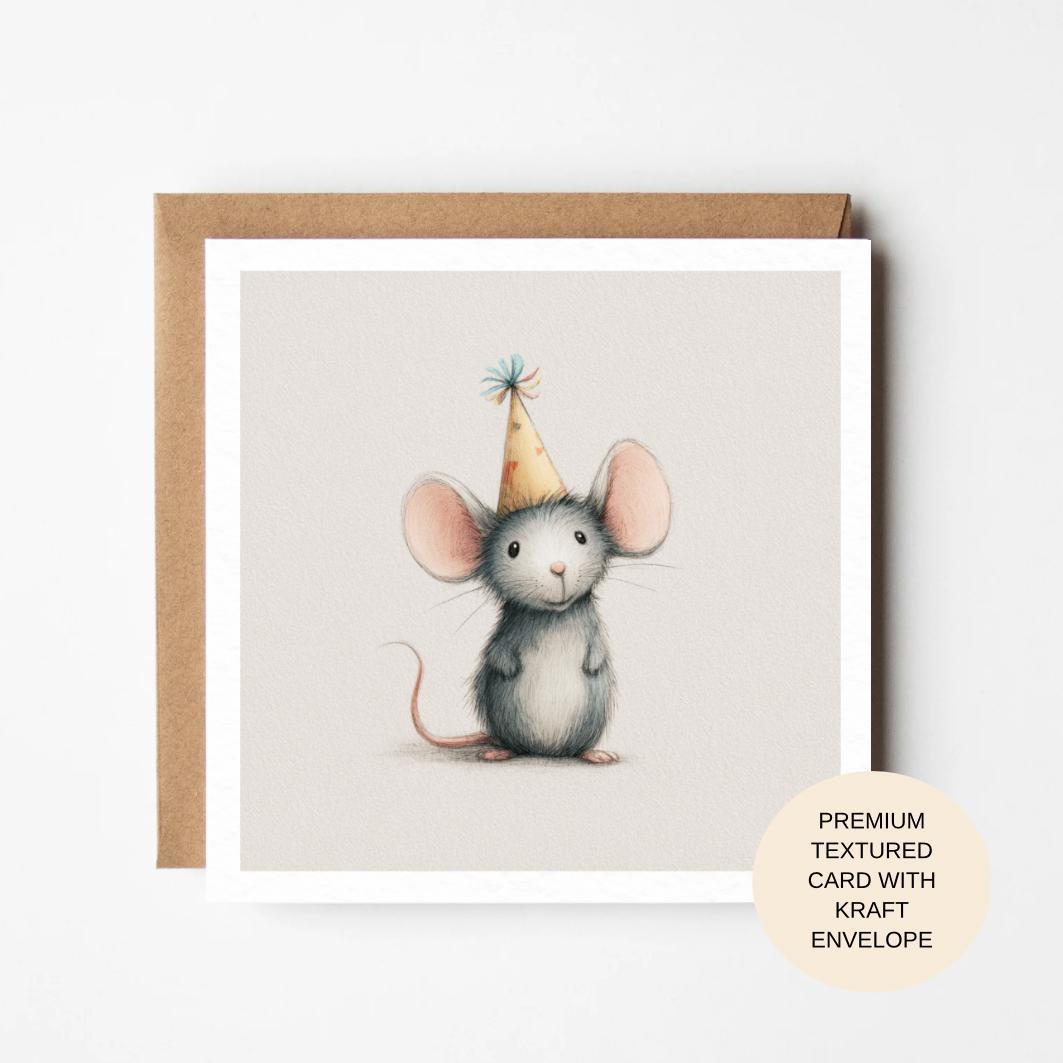 Mouse Birthday Card with Party Hat | Premium Blank Animal Birthday Card for Her Mum Sister Friend