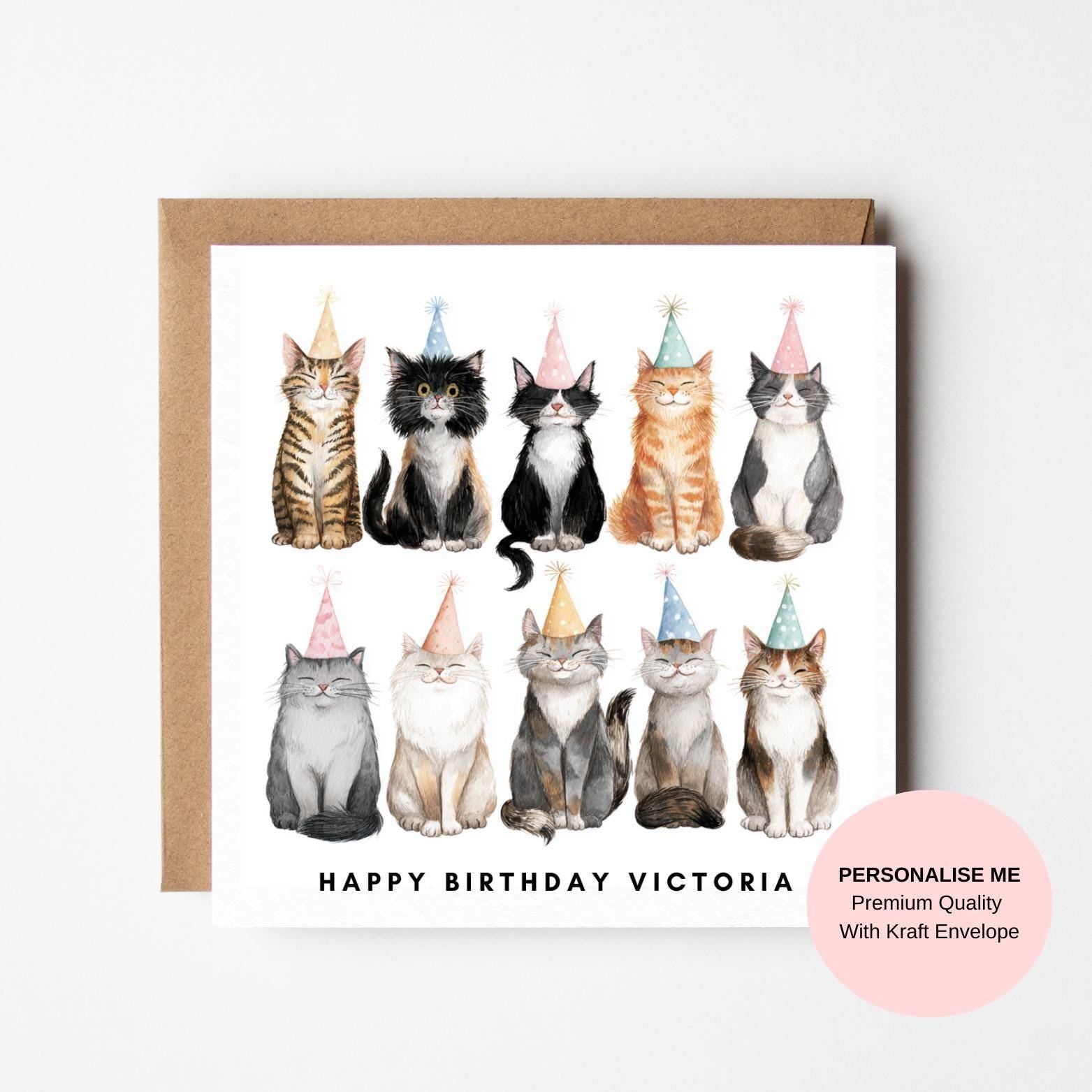Cat Birthday Card: Cute Cats Wearing Party Hats, Personalised