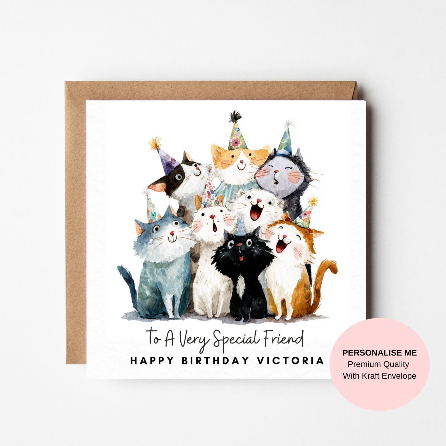 Birthday Card: Playful Cats with Party Hats - Personalised Option