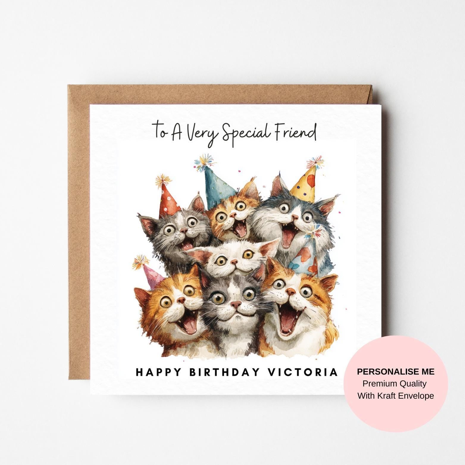 Cat Birthday Card: Playful Cats in Party Hats - Personalised Option