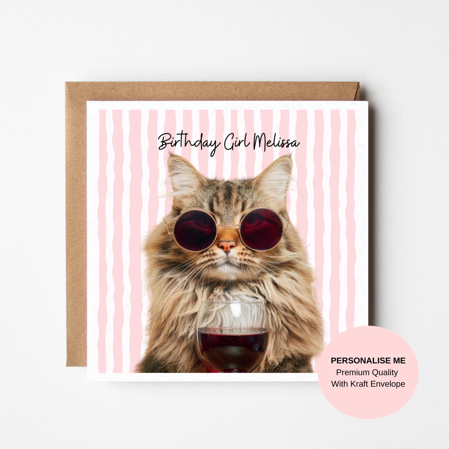 Cat Birthday Card: Funny Cat with Sunglasses and Wine