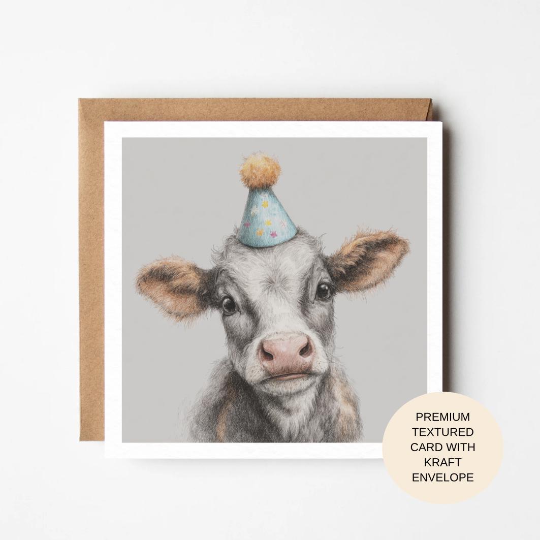 Cow Portrait Birthday Card with Party Hat | Premium Blank Animal Birthday Card for Her Mum Sister Friend