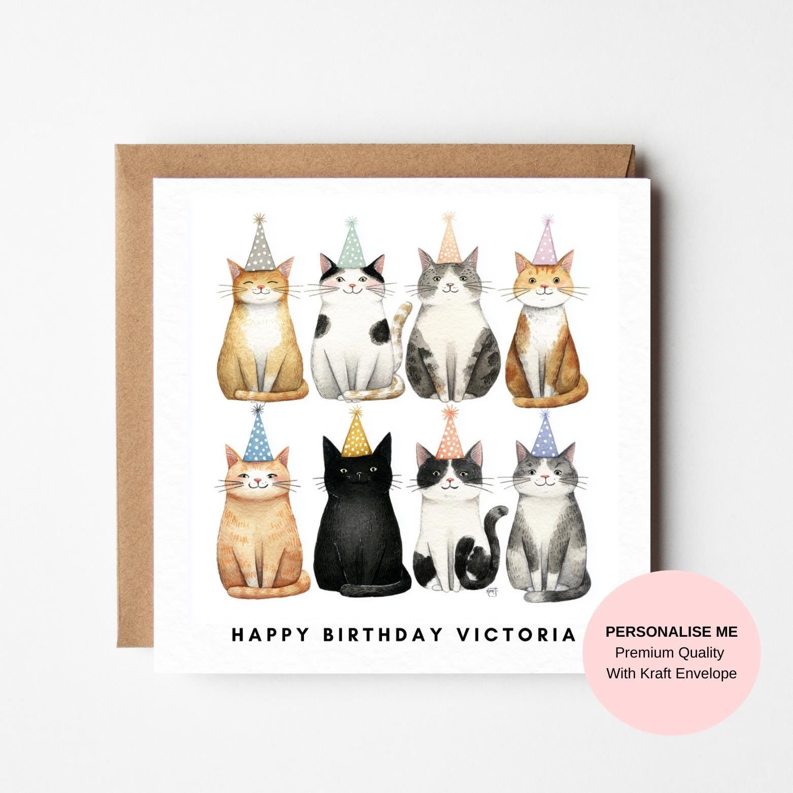 Cat Lover Birthday Card, Cute Cats in Party Hats (Customisable Message)