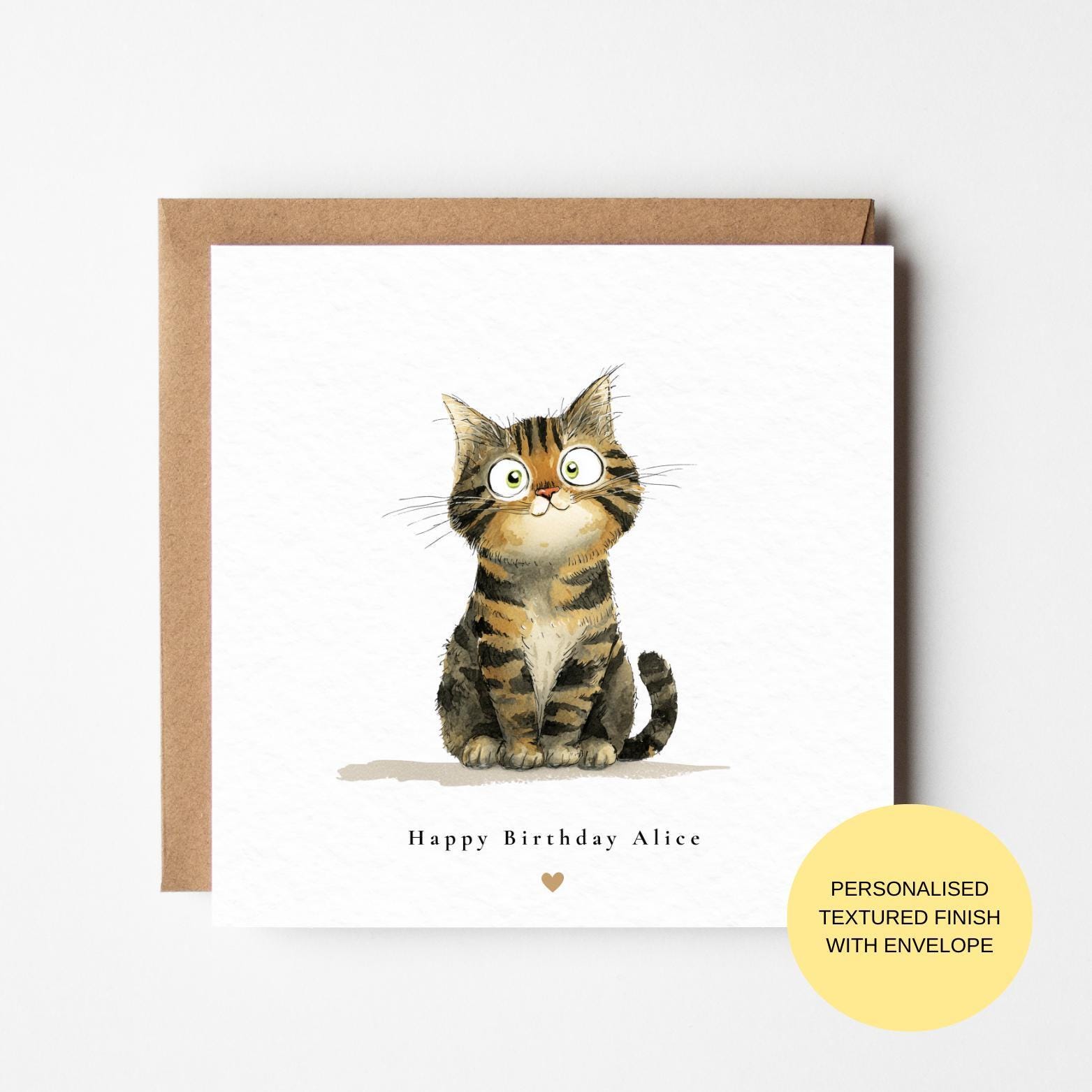 Birthday Card: Watercolor Cat Art (Blank Inside, Envelope Included)