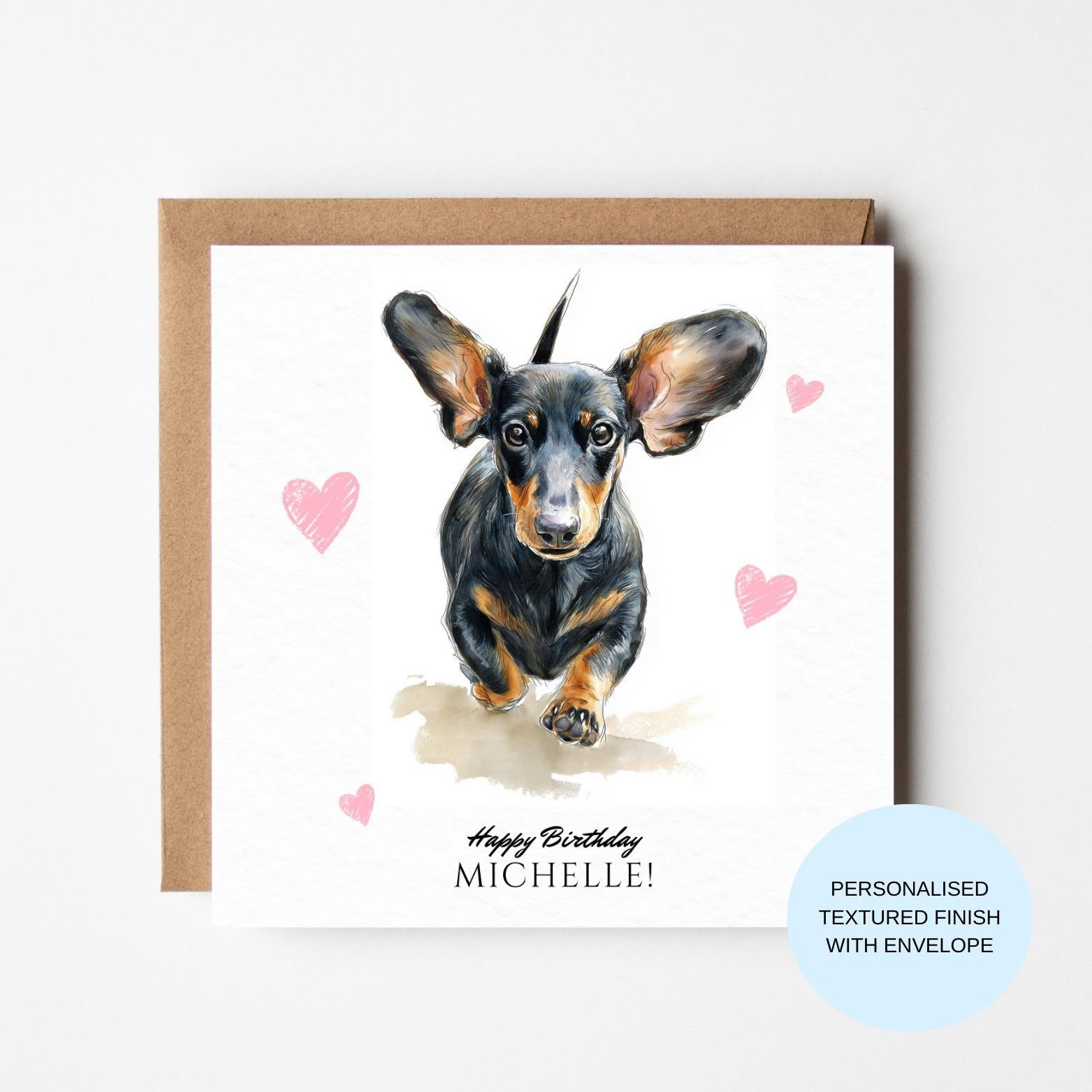 Dachshund Love Birthday Card | Watercolour Sausage Dog With Pink Hearts | Cute Dog Lover Card (No Front Text)