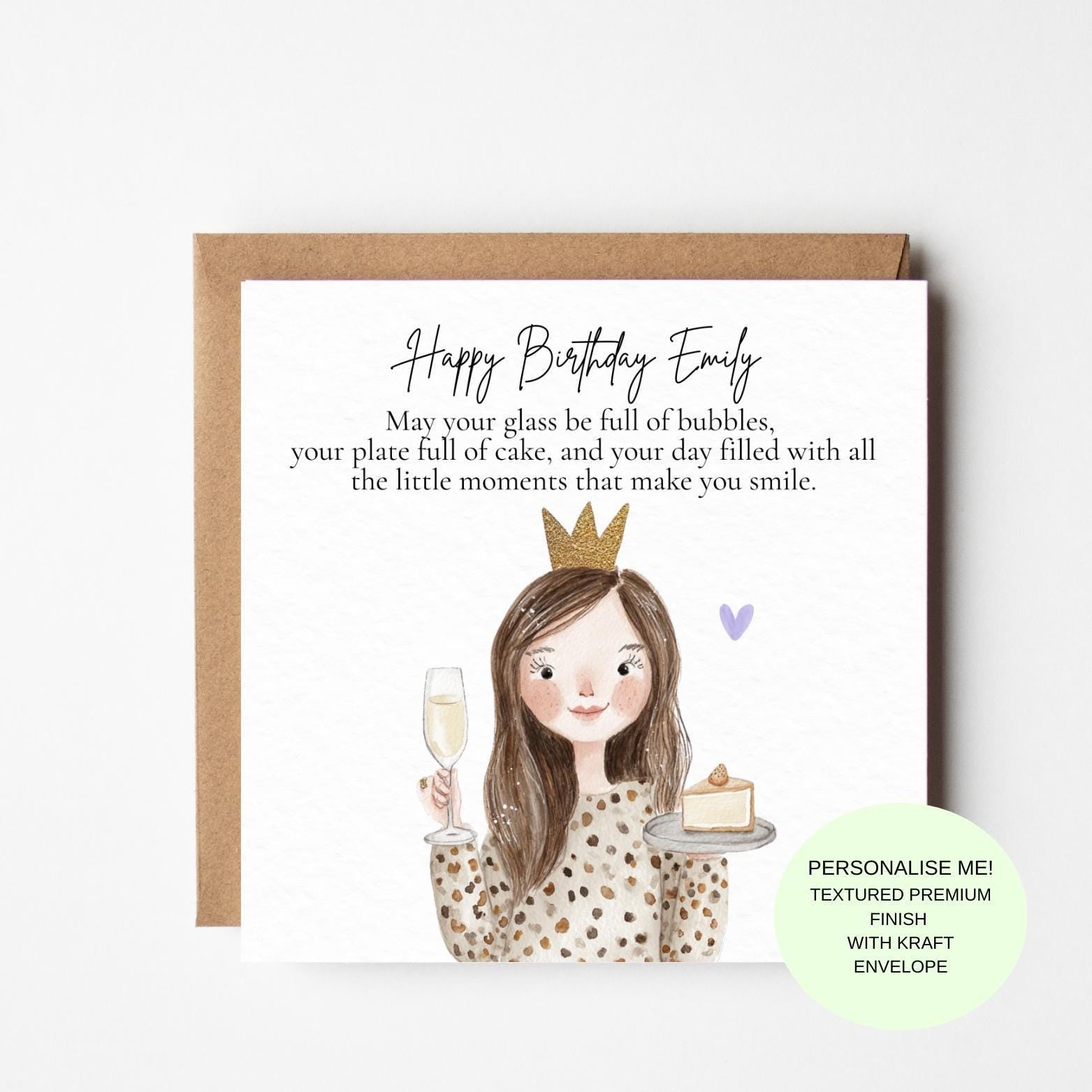 Birthday Card for Her – Illustrated Girl with Cake and Champagne