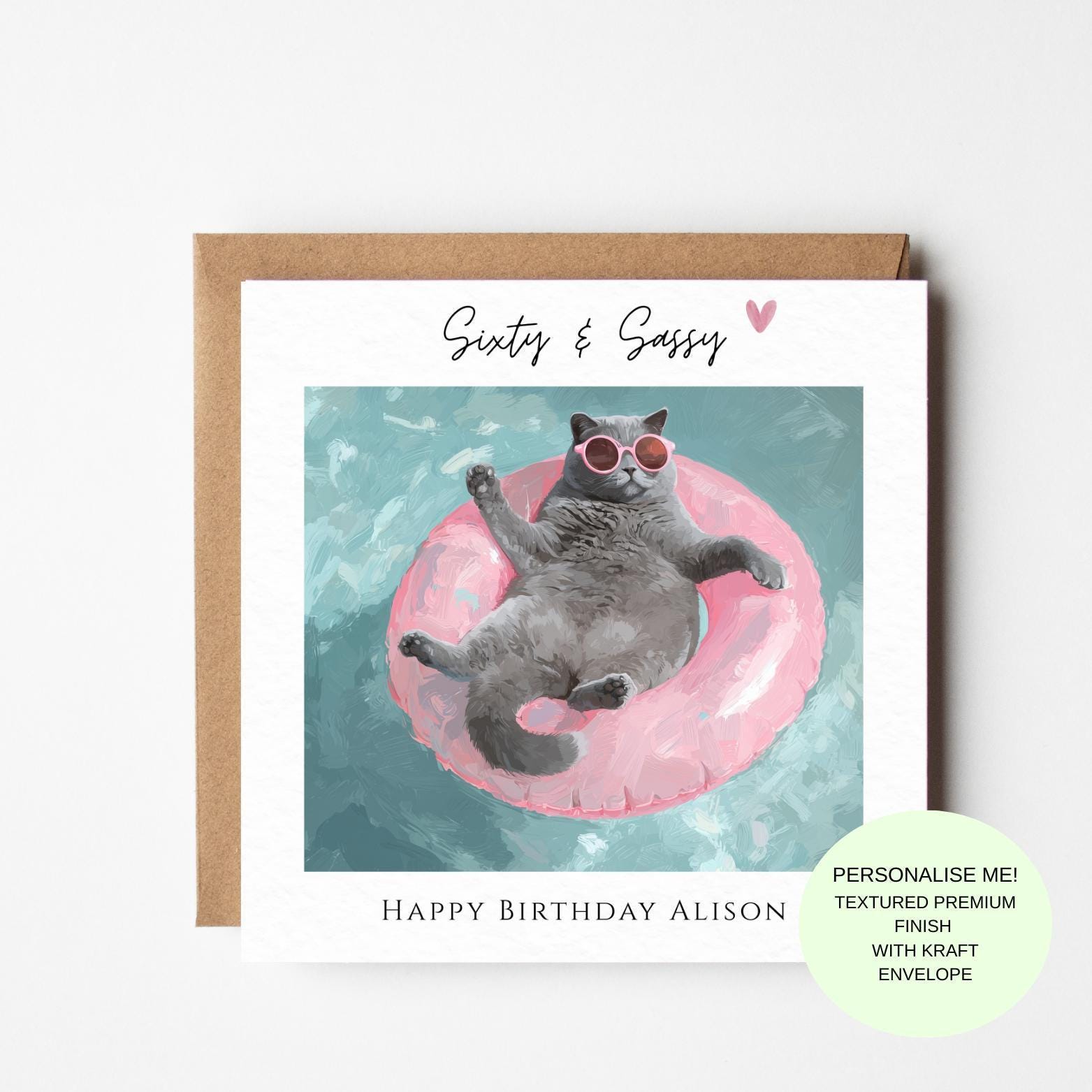 60th Birthday Card for Her – Sixty and Sassy Cat with Cocktail