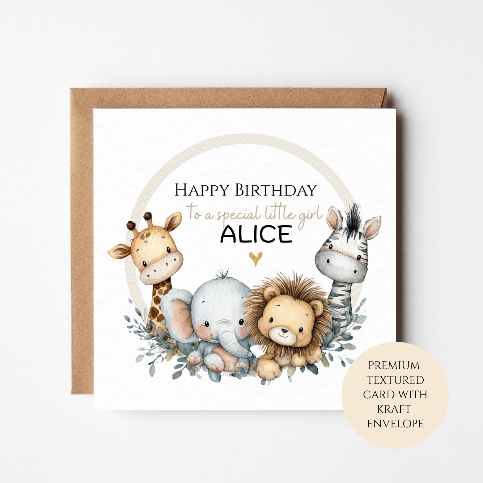 Personalised Girls Birthday Card, Safari Animals Arch, Giraffe Elephant Lion Zebra, Custom Name