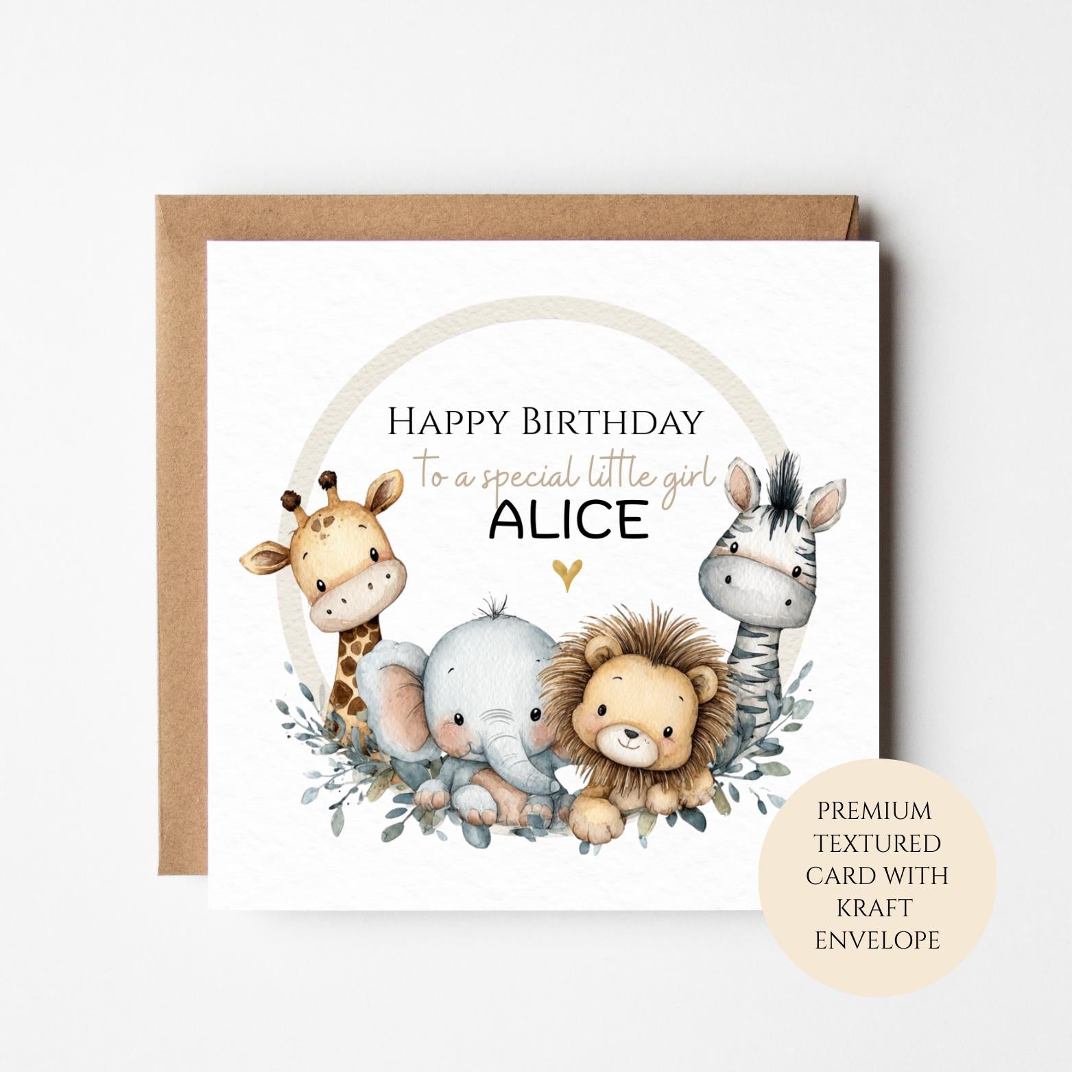 Personalised Girls Birthday Card, Safari Animals Arch, Giraffe Elephant Lion Zebra, Custom Name