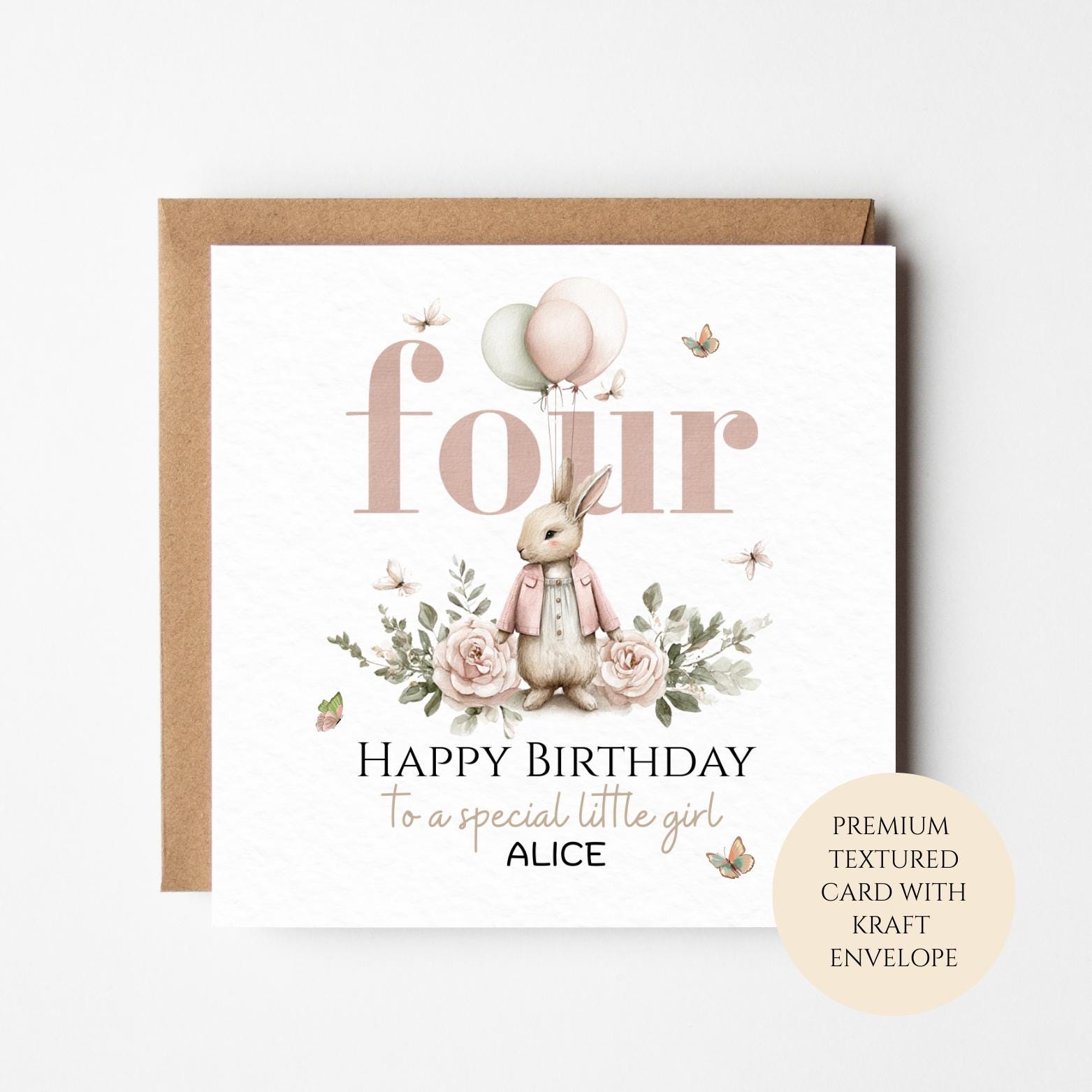 Personalised 4th Birthday Card for Girl, Bunny & Balloons, Four Birthday Card, Custom Name