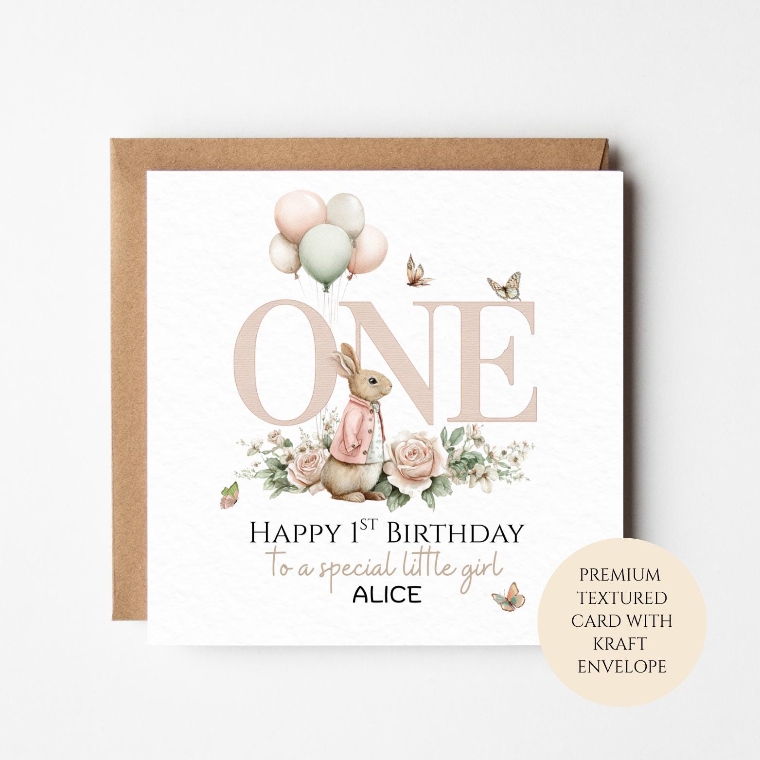 Personalised 1st Birthday Card for Girl, Bunny & Balloons, One Birthday Card, Custom Name