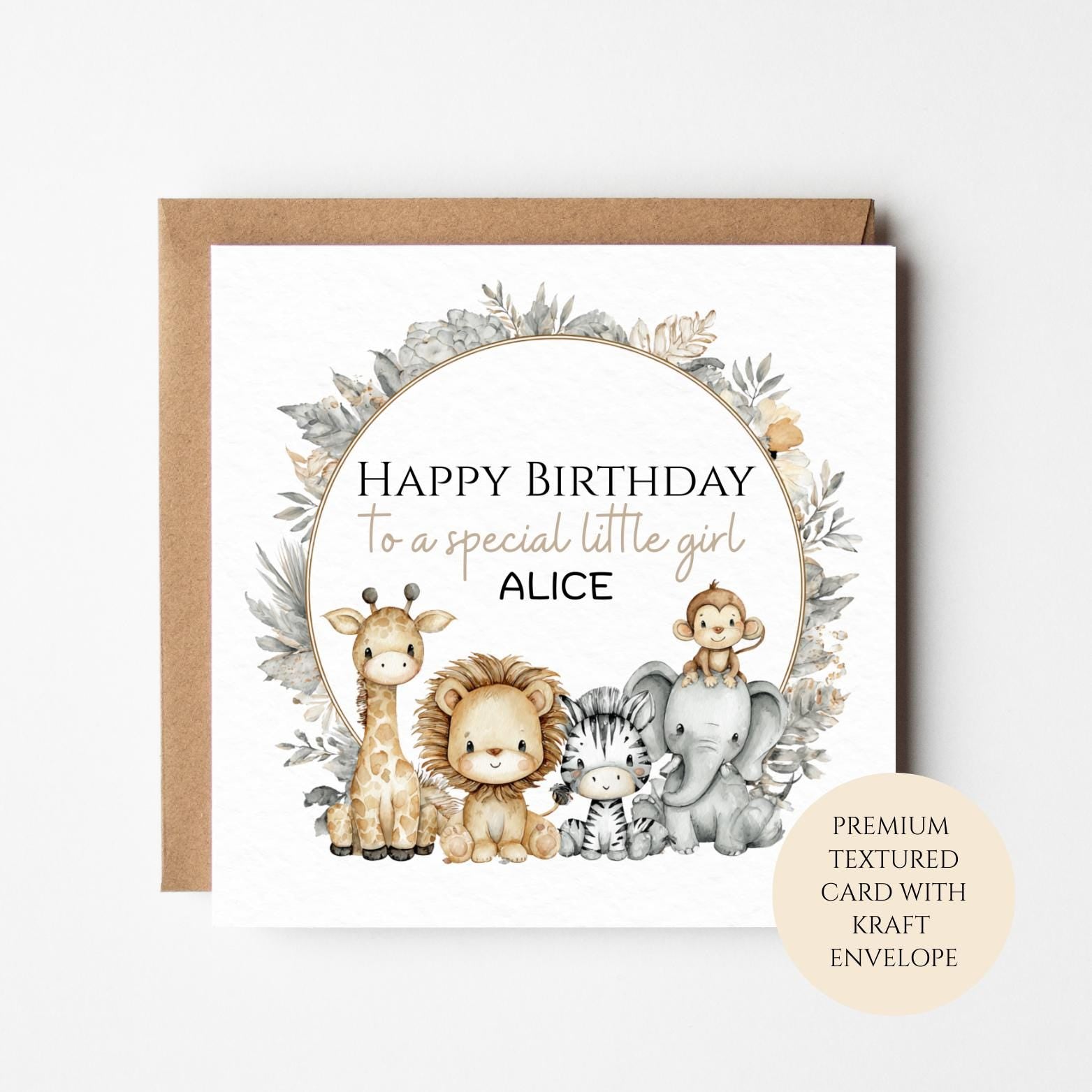 Personalised Girls Birthday Card, Safari Animals Wreath, Cute Jungle Animals, Custom Name
