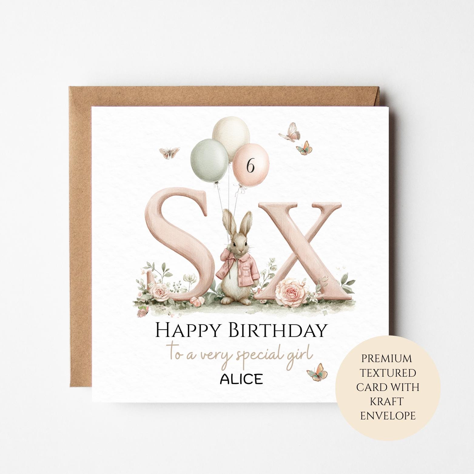 Personalised 6th Birthday Card for Girl, Bunny & Balloons, Six Birthday Card, Custom Name