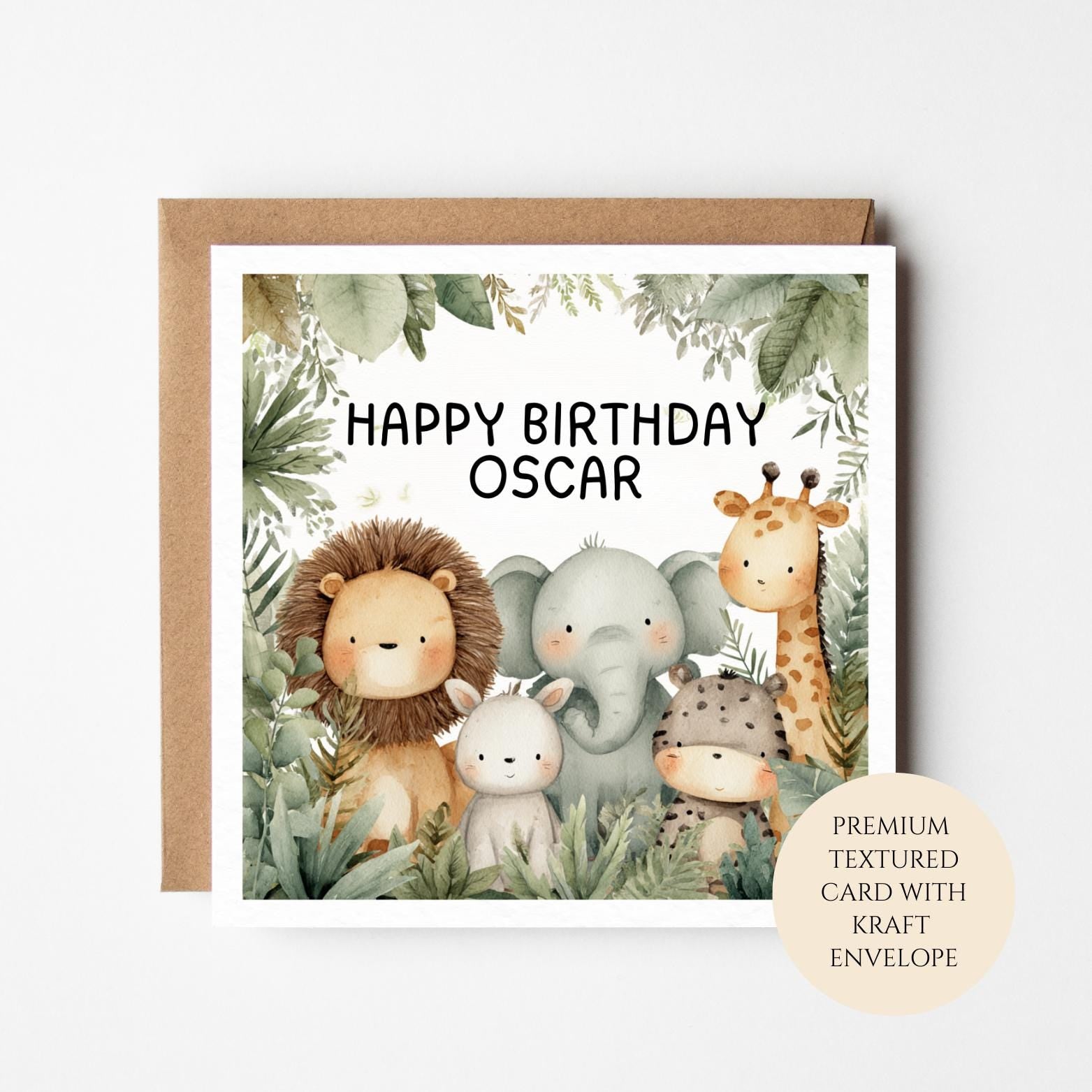 Personalised Boys Birthday Card, Jungle Animals Foliage, Custom Name