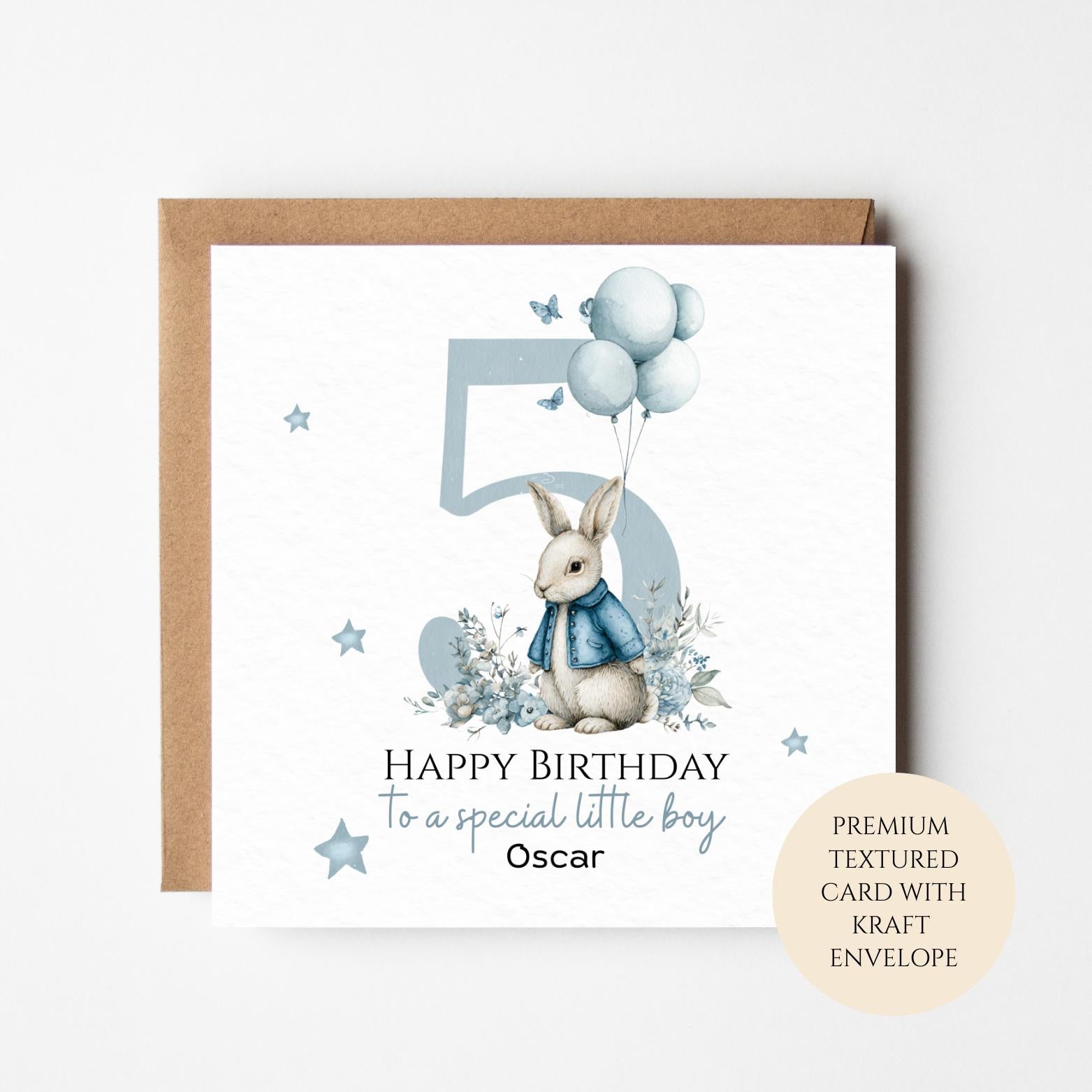 Personalised 5th Birthday Card for Boy, Bunny & Balloons, 5th Birthday Card, Custom Name