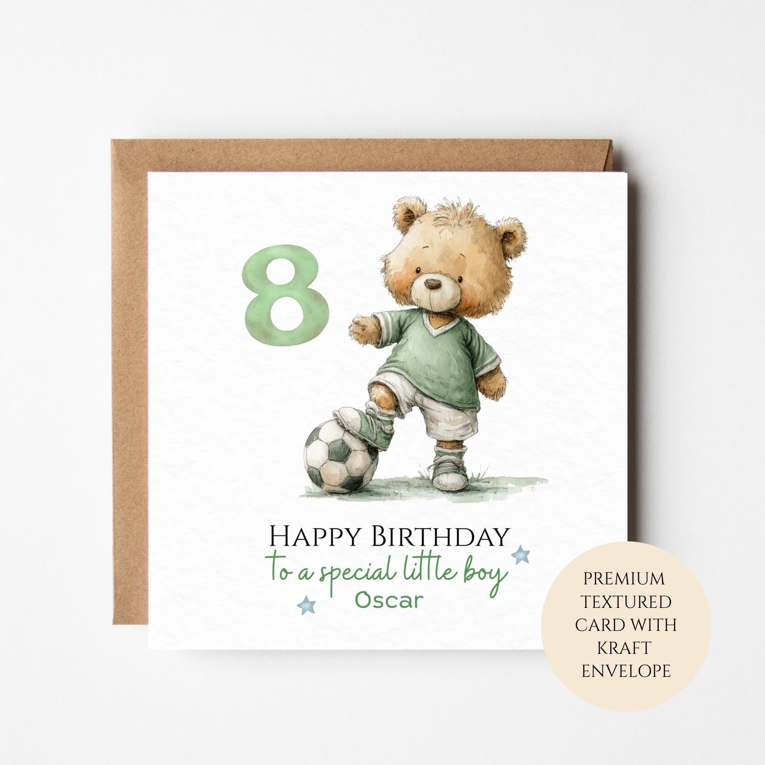 Personalised 8th Birthday Card for Boy, Football Teddy Bear, Custom Name