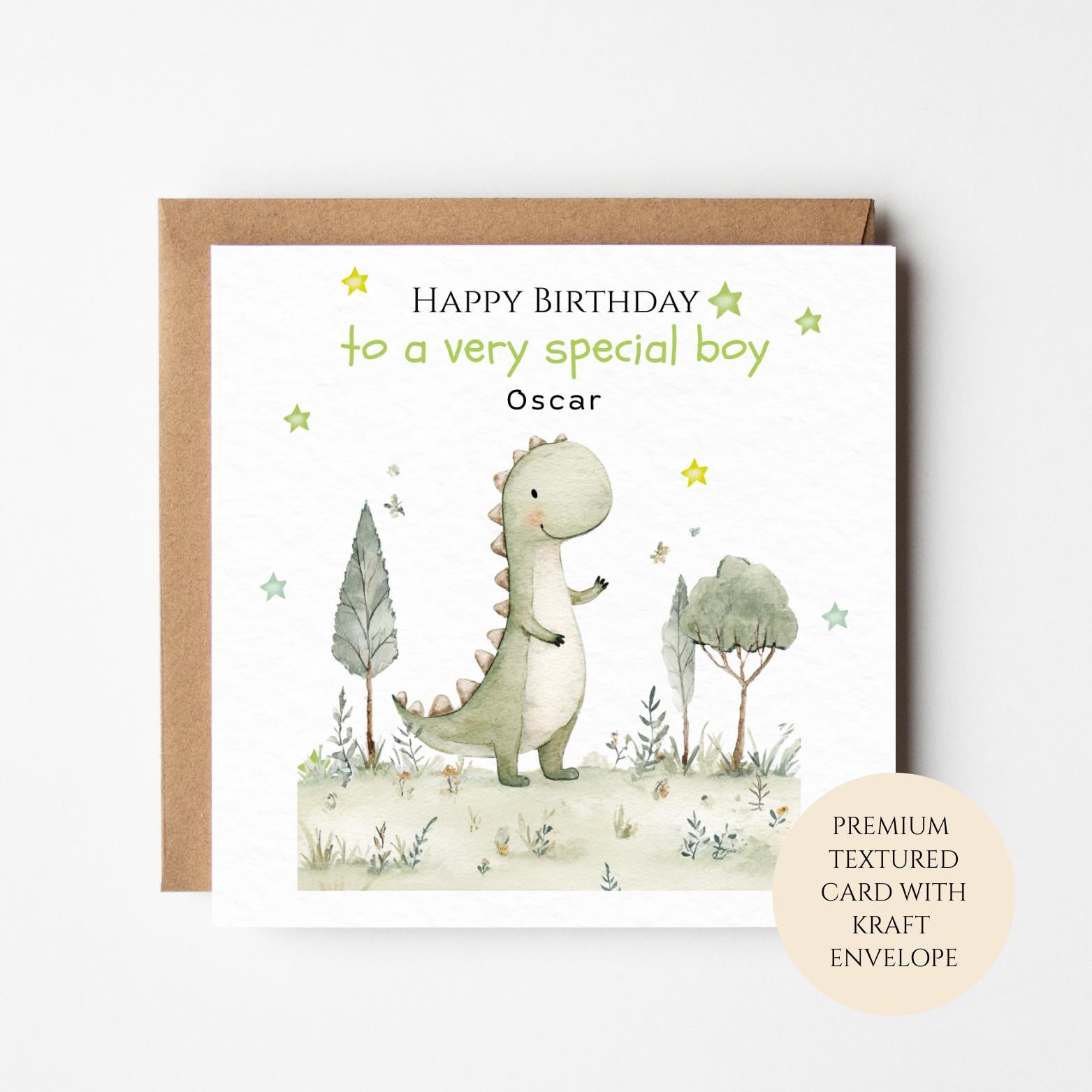 Personalised Boys Birthday Card, Cute Dinosaur Illustration, Custom Name