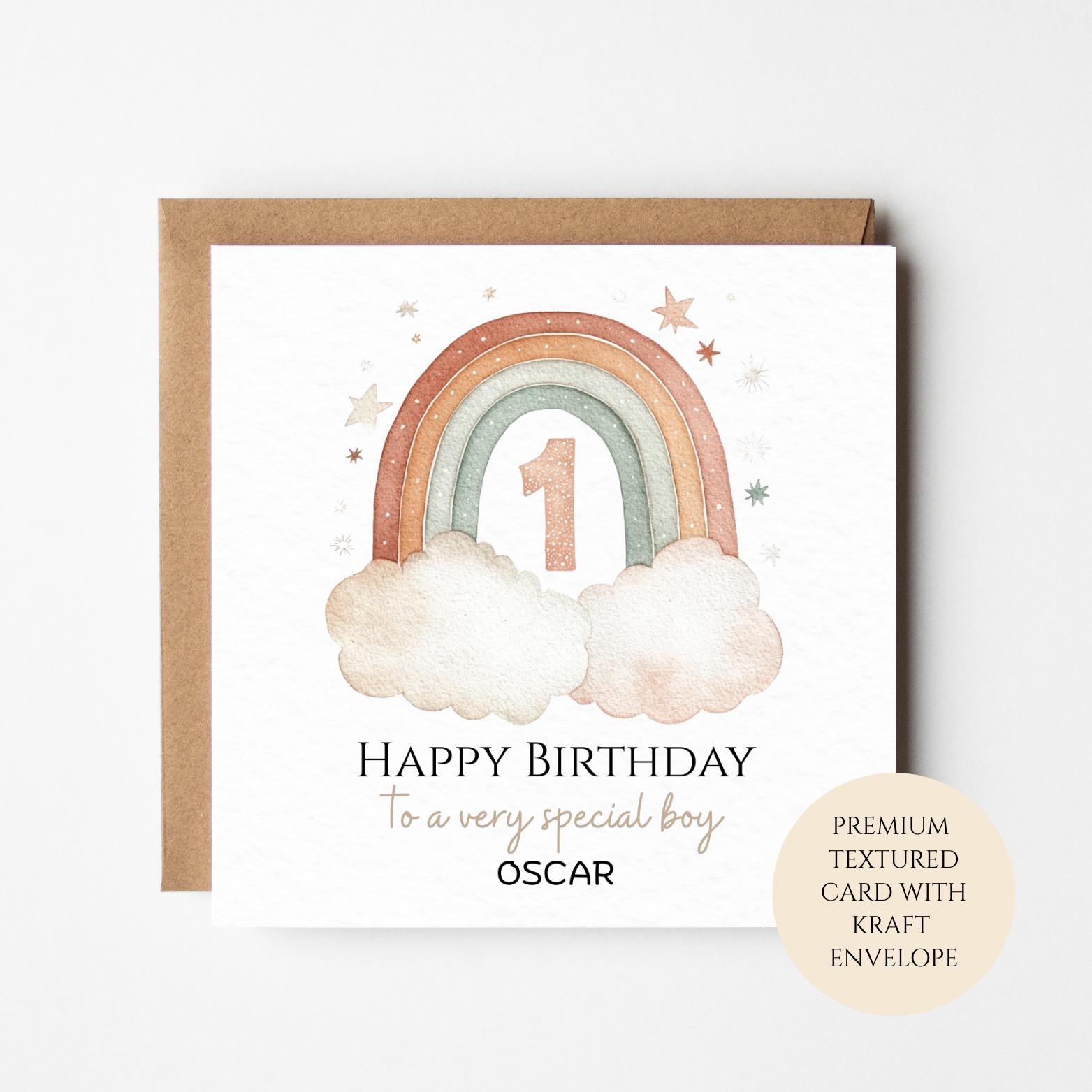 Personalised 1st Birthday Card for Boy, Rainbow Number One, Custom Name
