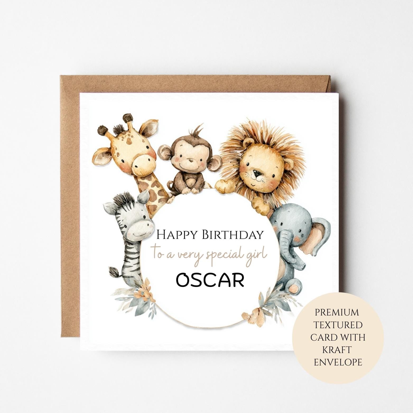 Personalised Safari Animals Birthday Card, Cute Animal Circle Frame, Custom Name