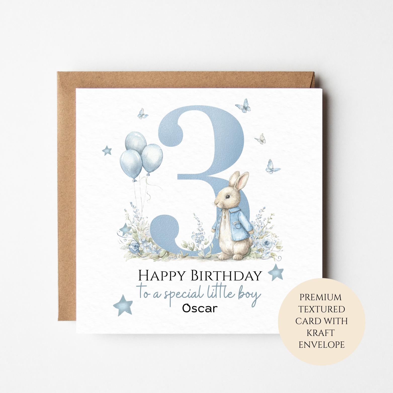 Personalised 3rd Birthday Card for Boy, Bunny & Balloons, 3rd Birthday Card, Custom Name