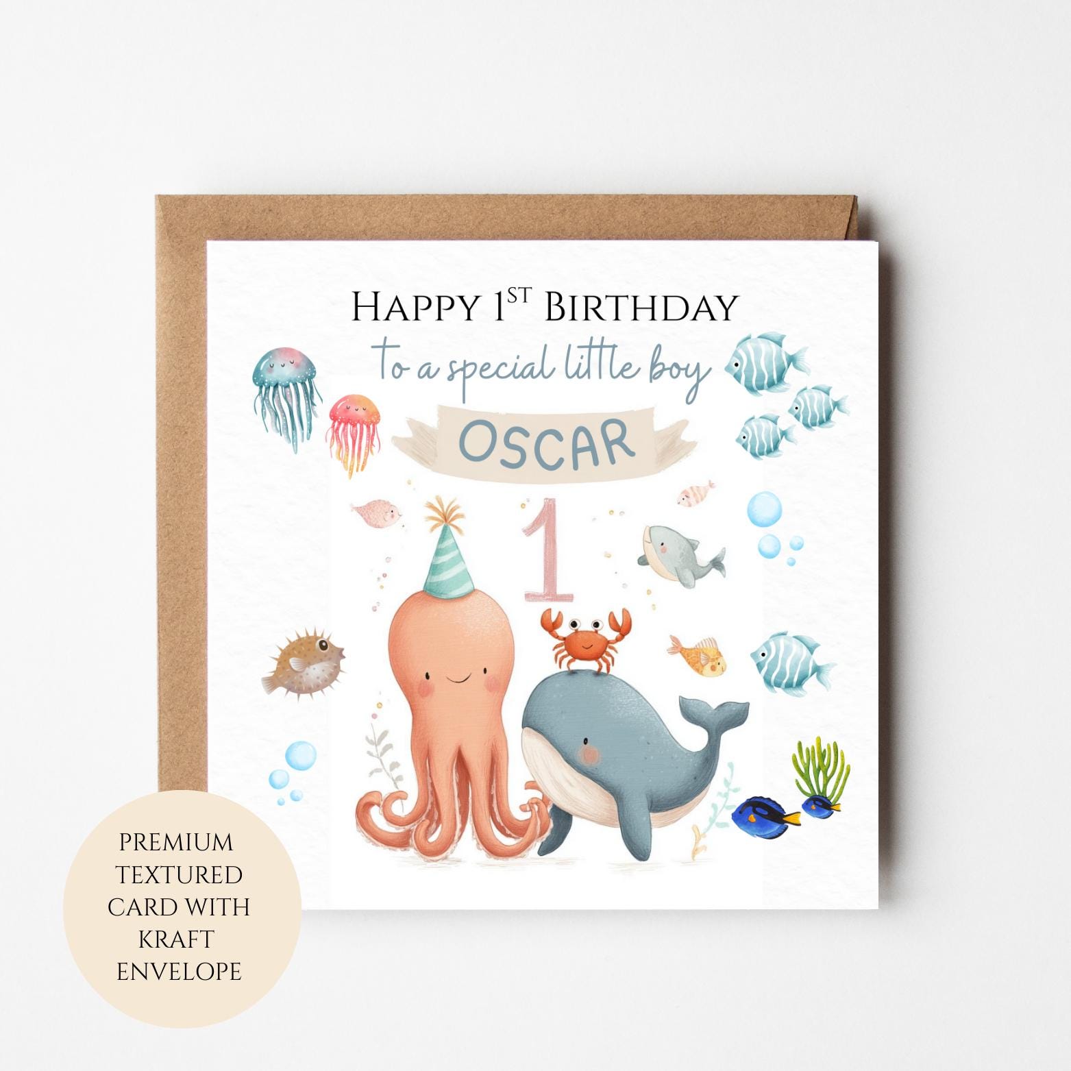 Personalised 1st Birthday Card for Boy, Under the Sea Animals, Custom Name