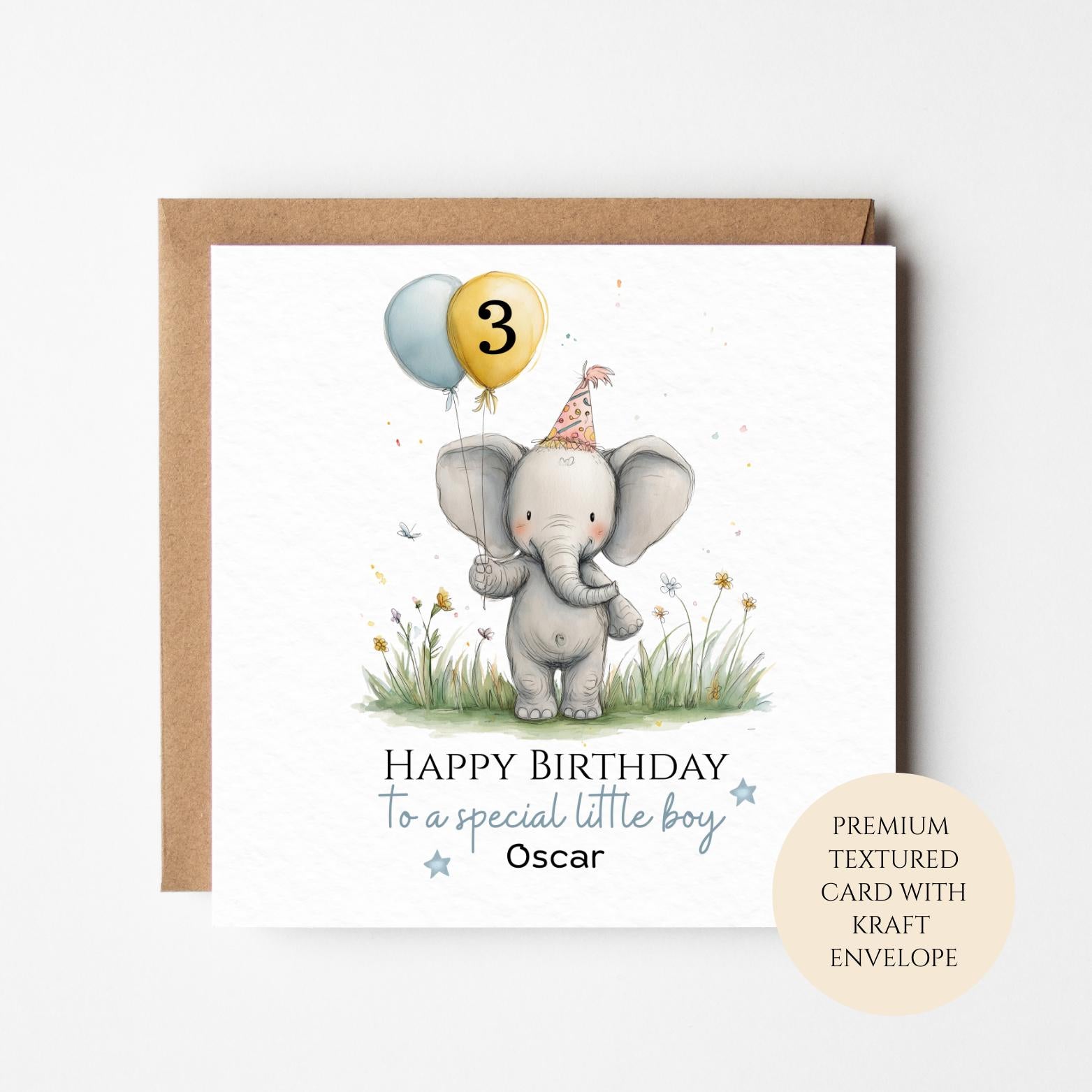 Personalised 3rd Birthday Card for Boy, Elephant Balloons, Custom Name