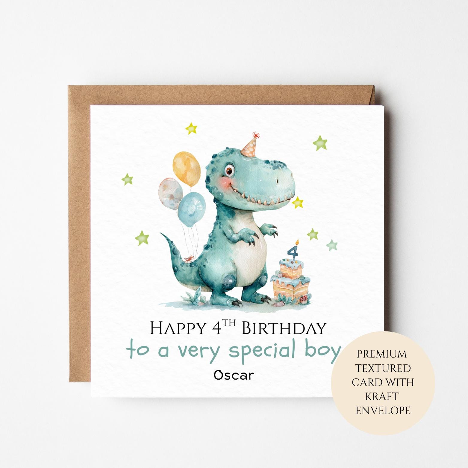 Personalised 4th Birthday Card for Boy, Dinosaur & Balloons, Custom Name