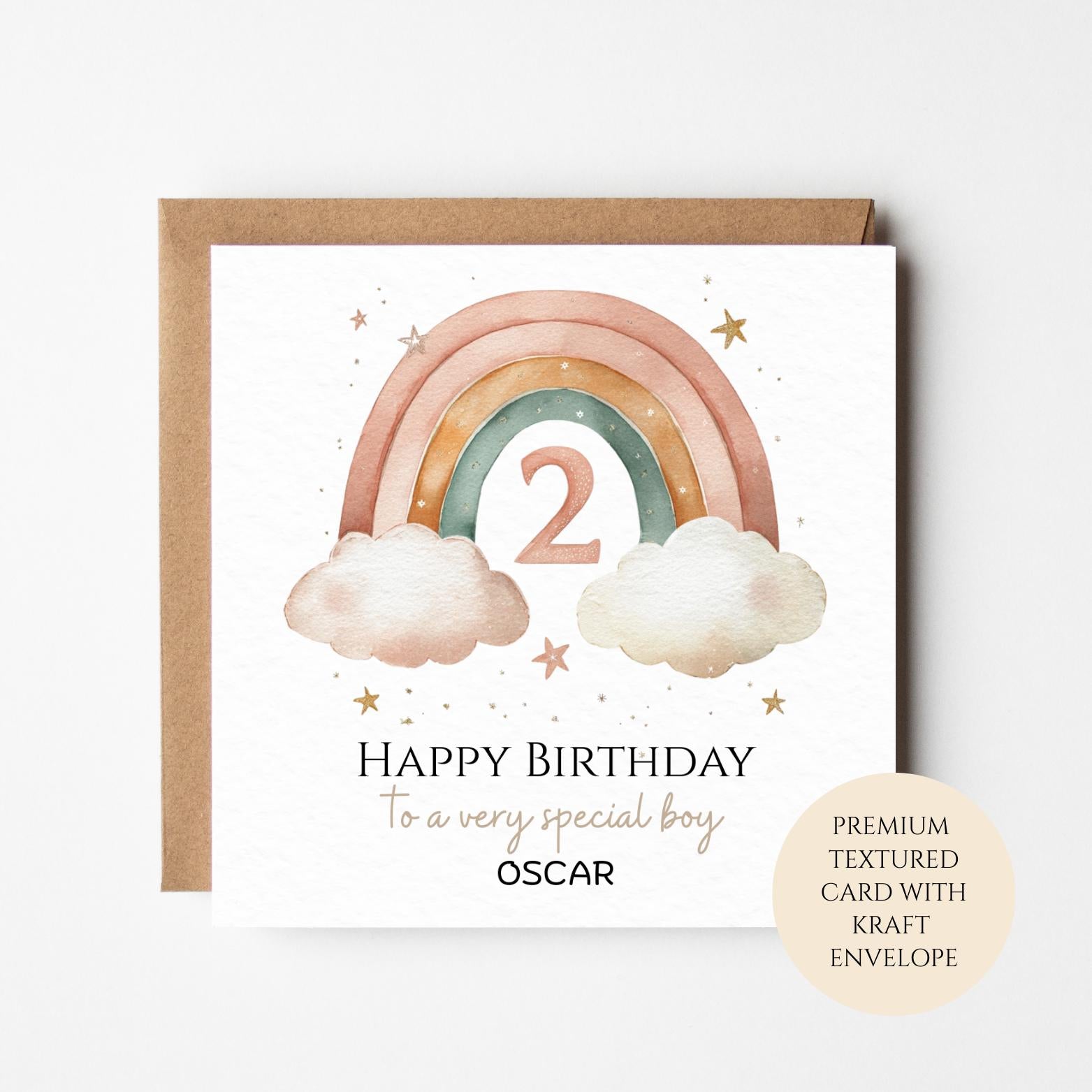 Personalised 2nd Birthday Card for Boy, Rainbow Number Two, Custom Name