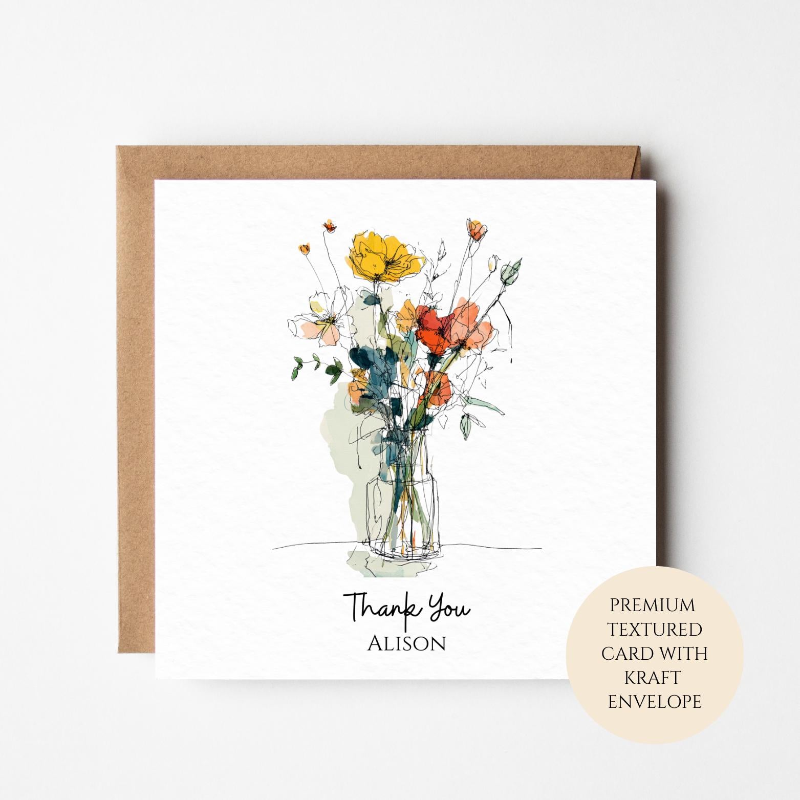 Personalised Line Art Bouquet Thank You Card for Friend Neighbour Teacher or Colleague – Vase Sketch